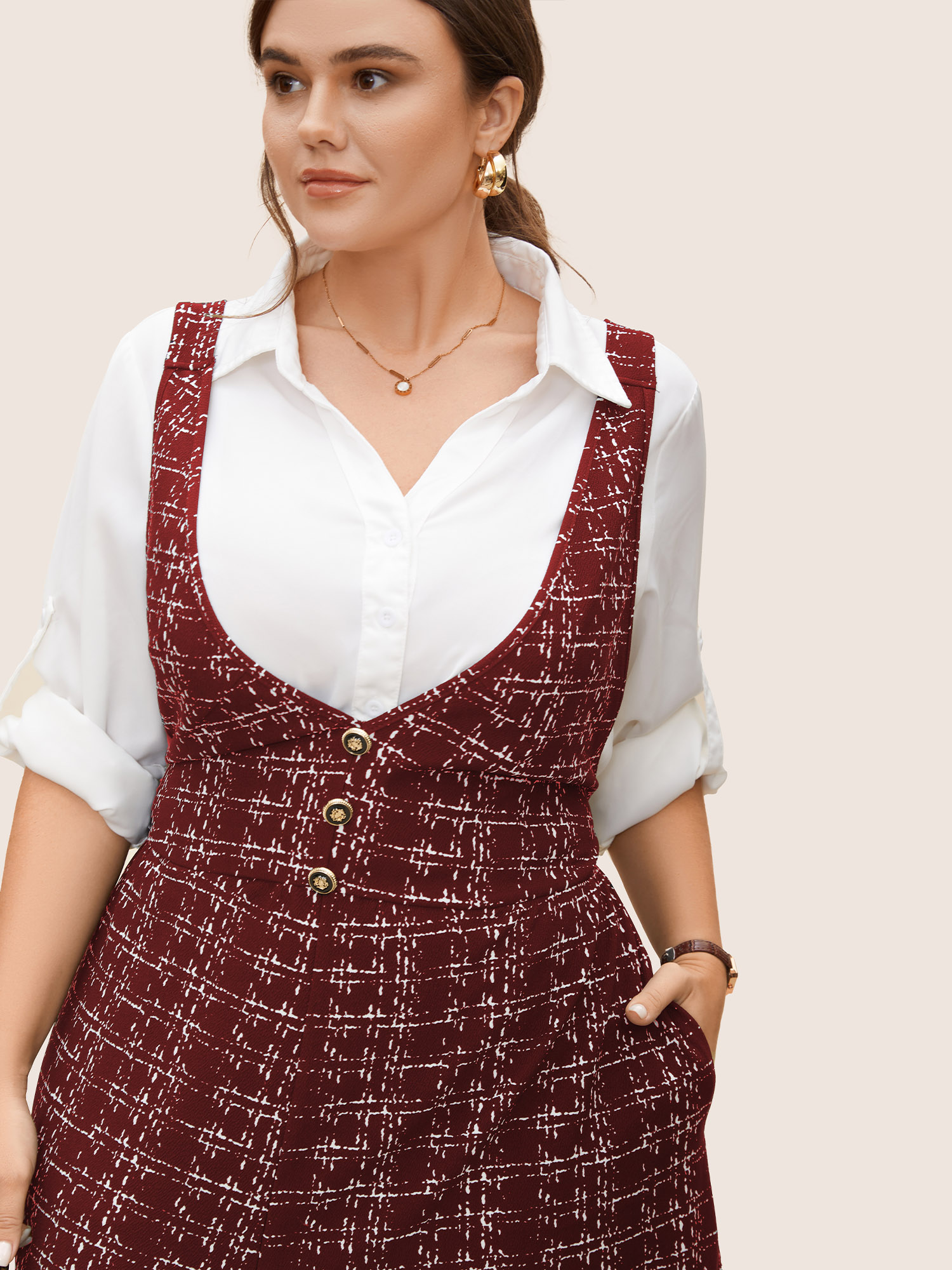 

Plus Size Russet Plaid Tweed Crisscross Back Button Detail Jumpsuit Women Work From Home Sleeveless Non Work Loose Jumpsuits BloomChic