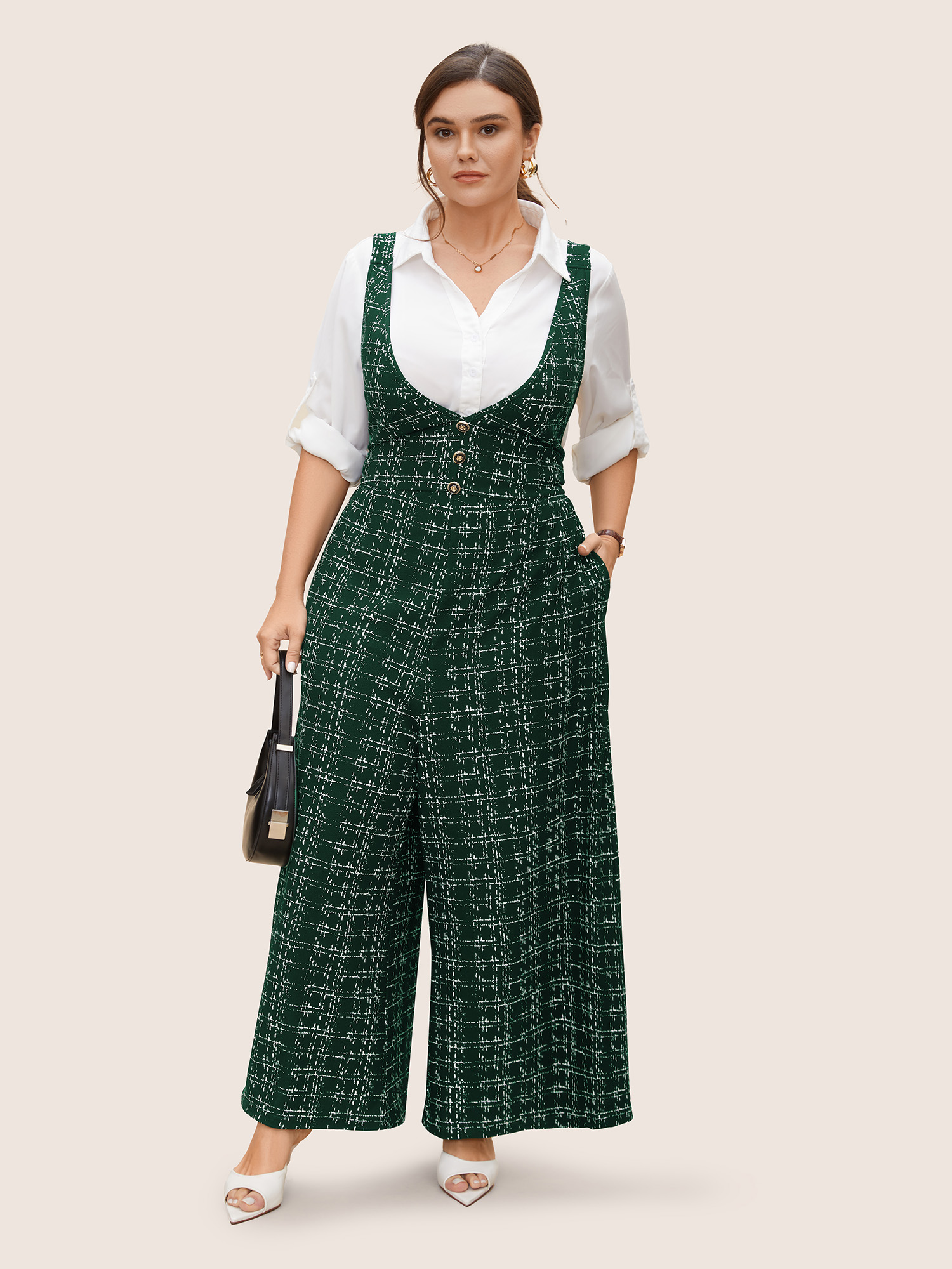 

Plus Size Truegreen Plaid Tweed Crisscross Back Button Detail Jumpsuit Women Work From Home Sleeveless Non Work Loose Jumpsuits BloomChic