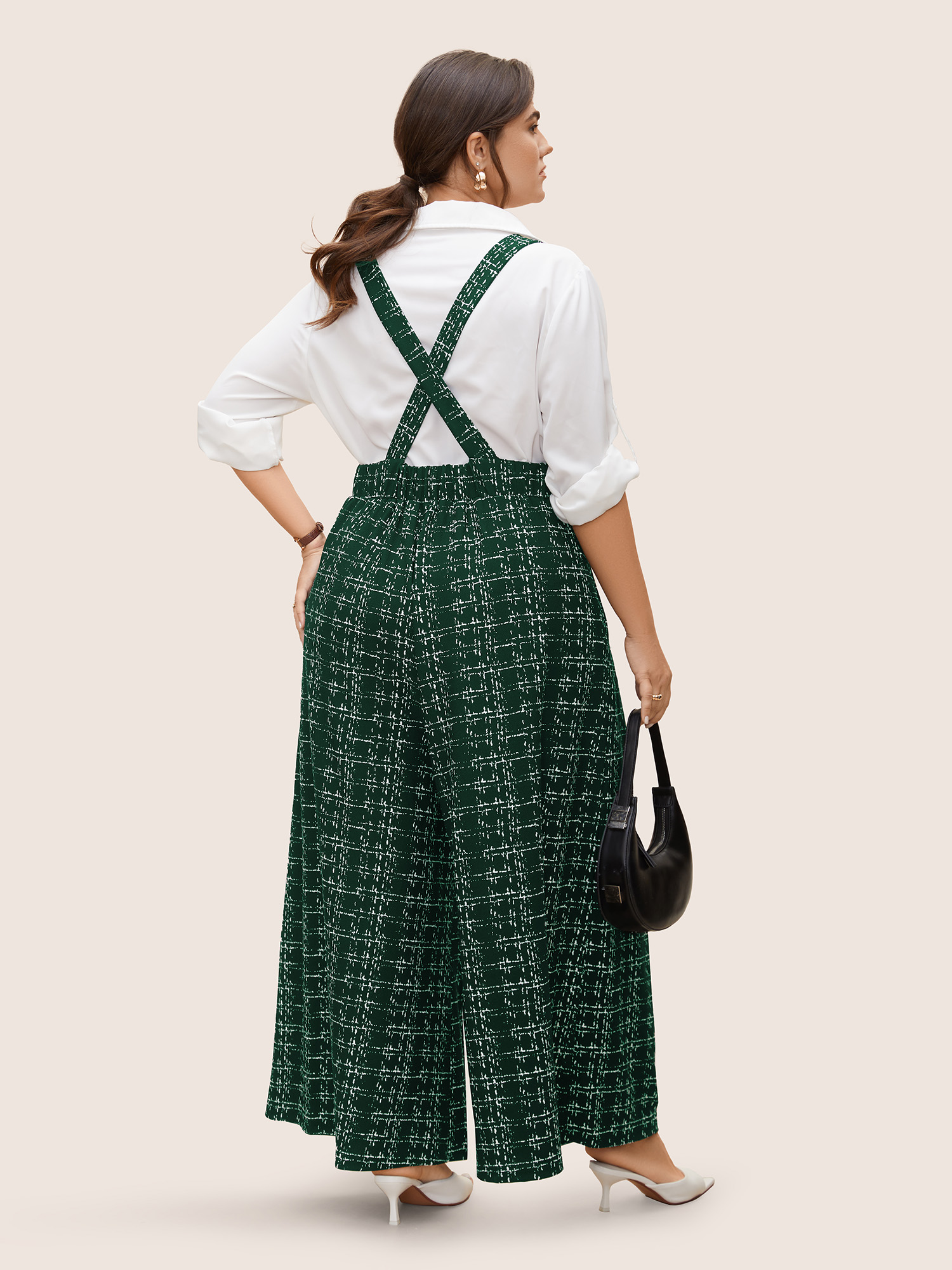 

Plus Size Truegreen Plaid Tweed Crisscross Back Button Detail Jumpsuit Women Work From Home Sleeveless Non Work Loose Jumpsuits BloomChic