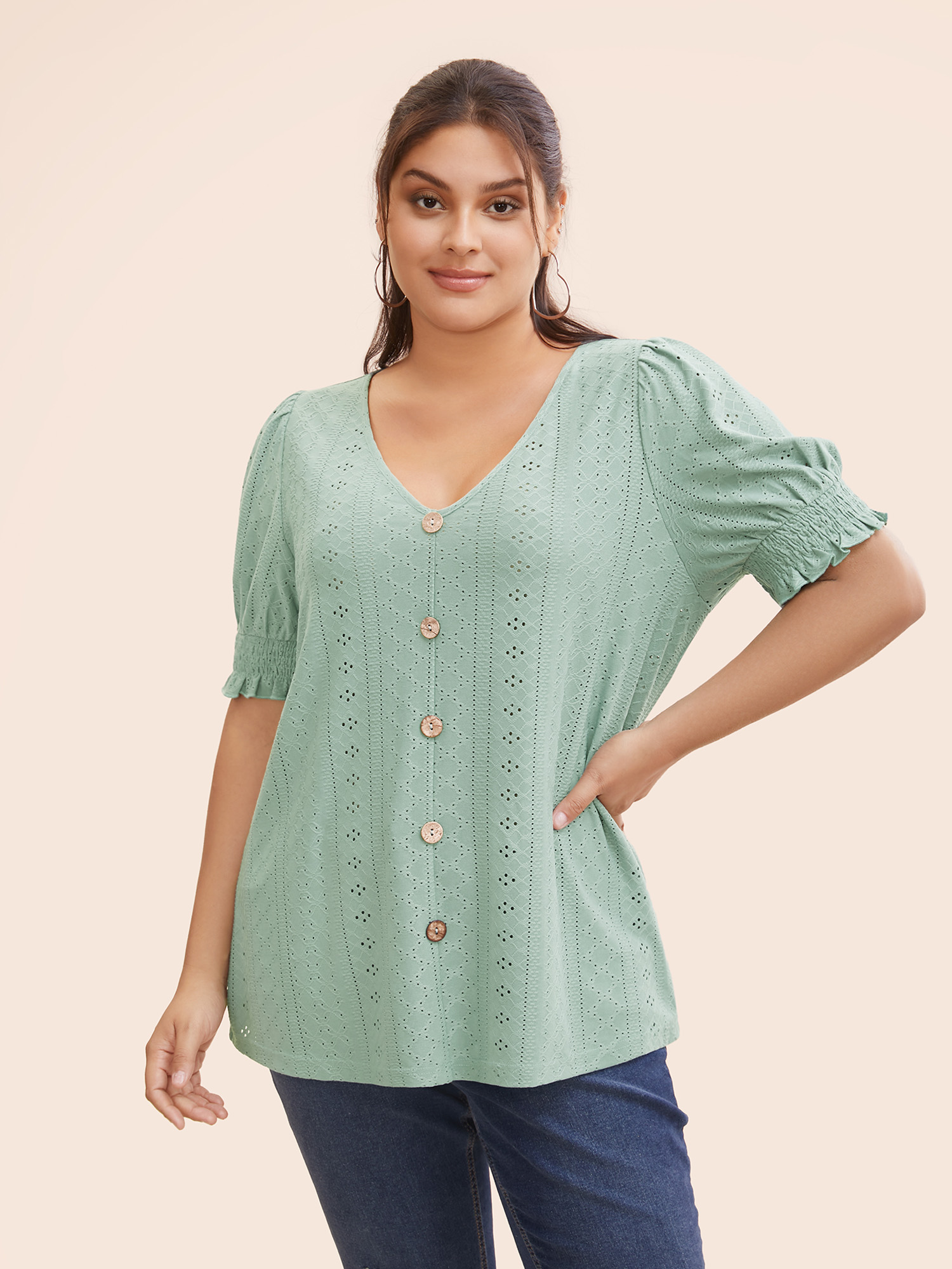 

Plus Size Plain Broderie Anglaise Shirred Puff Sleeve Button Detail T-shirt Sage Women Casual Button Plain V-neck Everyday T-shirts BloomChic