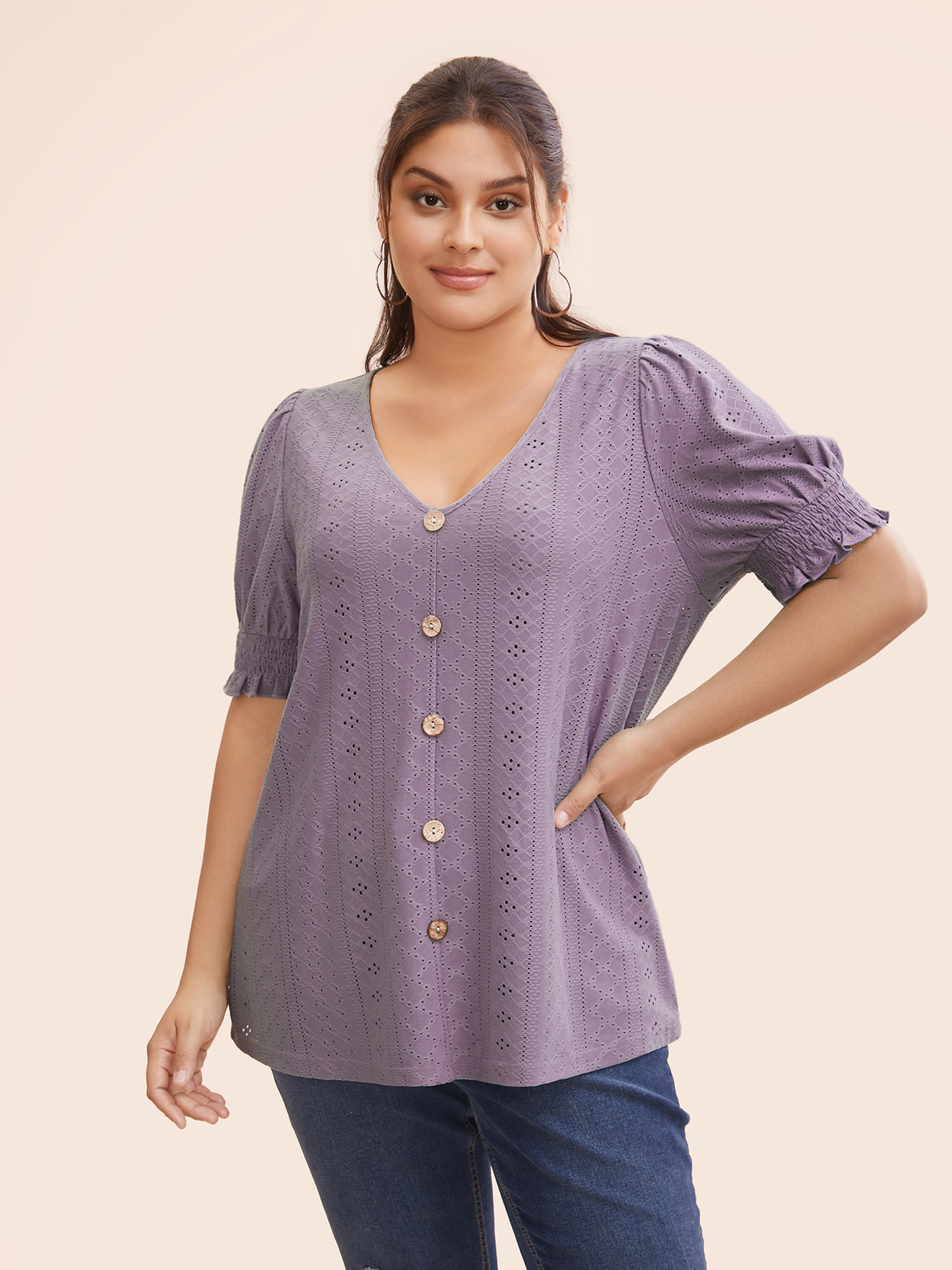 

Plus Size Plain Broderie Anglaise Shirred Puff Sleeve Button Detail T-shirt Mauve Women Casual Button Plain V-neck Everyday T-shirts BloomChic