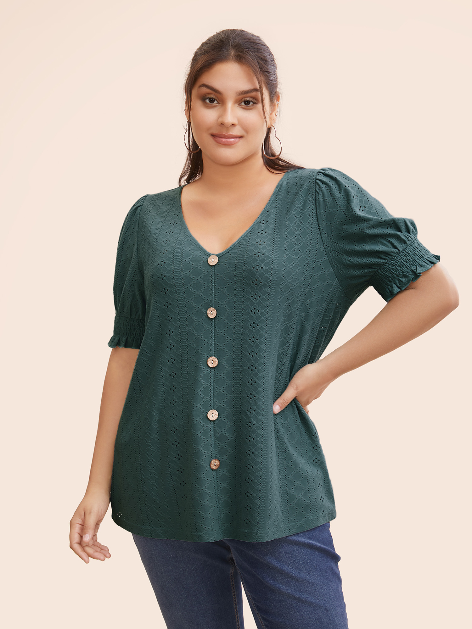 

Plus Size Plain Broderie Anglaise Shirred Puff Sleeve Button Detail T-shirt Cyan Women Casual Button Plain V-neck Everyday T-shirts BloomChic