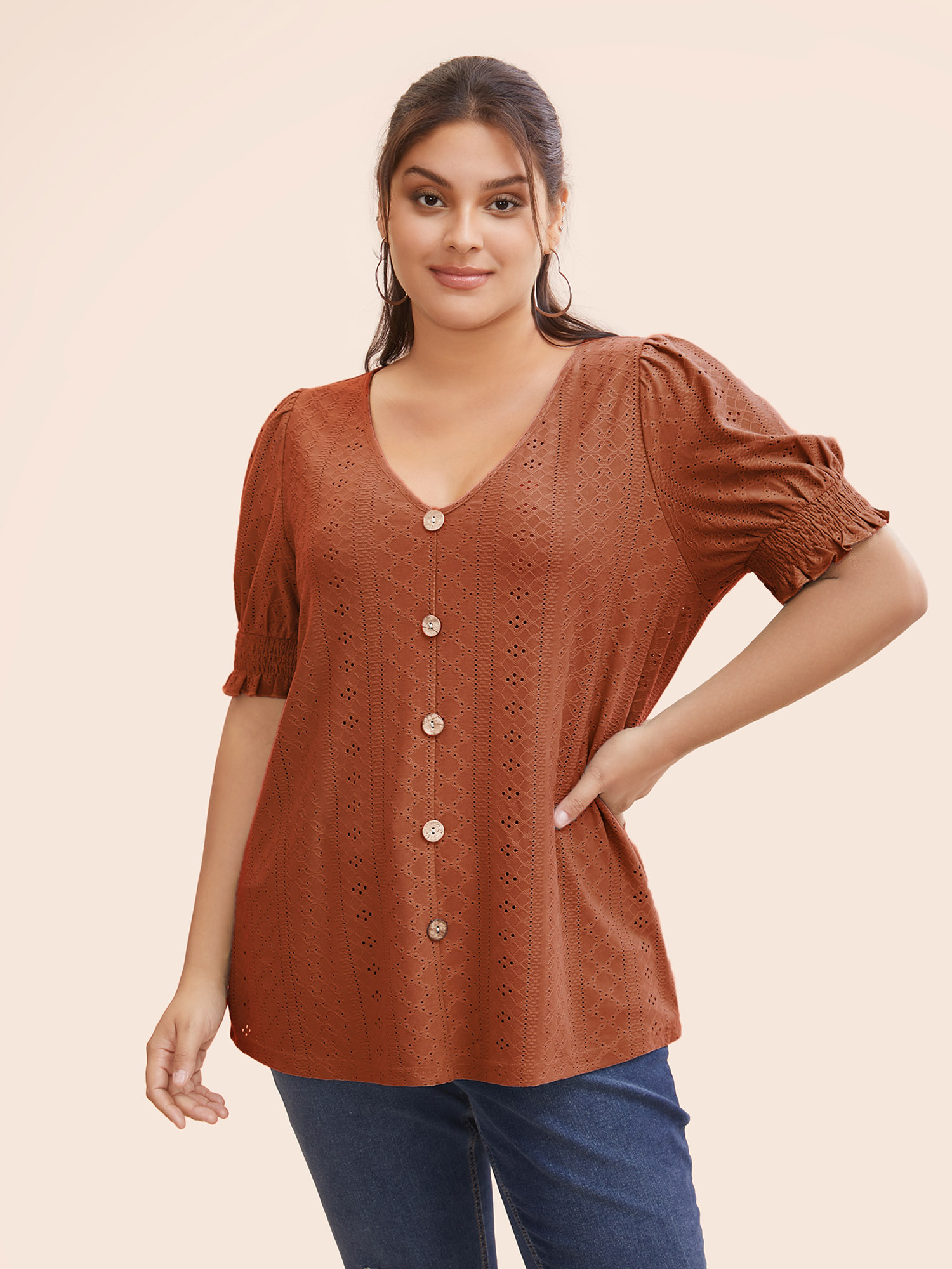 

Plus Size Plain Broderie Anglaise Shirred Puff Sleeve Button Detail T-shirt Rust Women Casual Button Plain V-neck Everyday T-shirts BloomChic