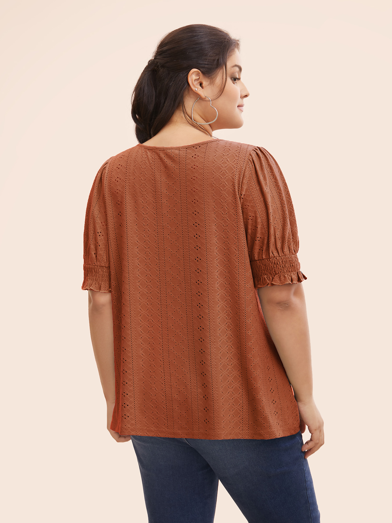 

Plus Size Plain Broderie Anglaise Shirred Puff Sleeve Button Detail T-shirt Rust Women Casual Button Plain V-neck Everyday T-shirts BloomChic