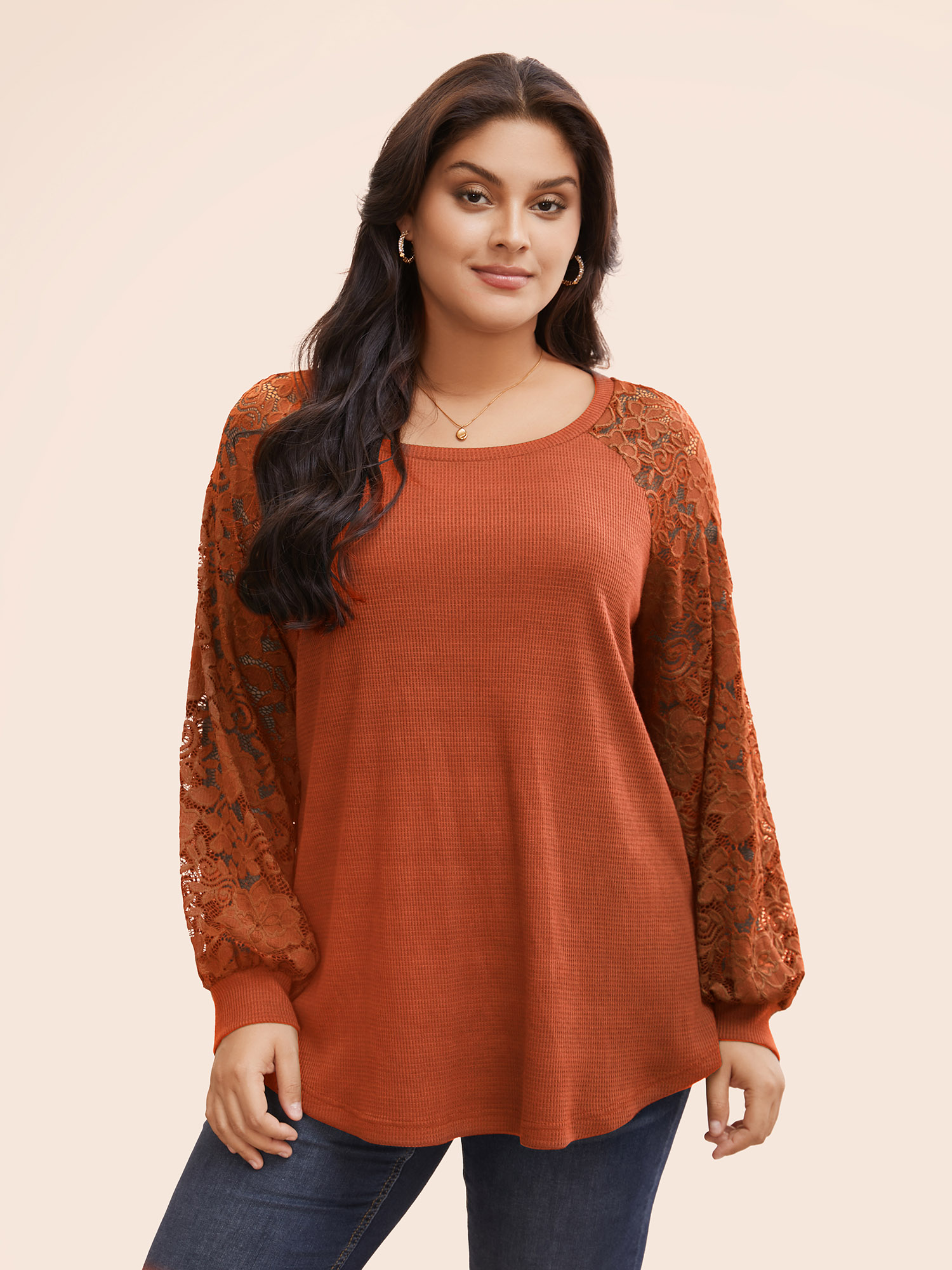 

Plain Lace Panel Round Neck Raglan Sleeve T-shirt, Chocolate