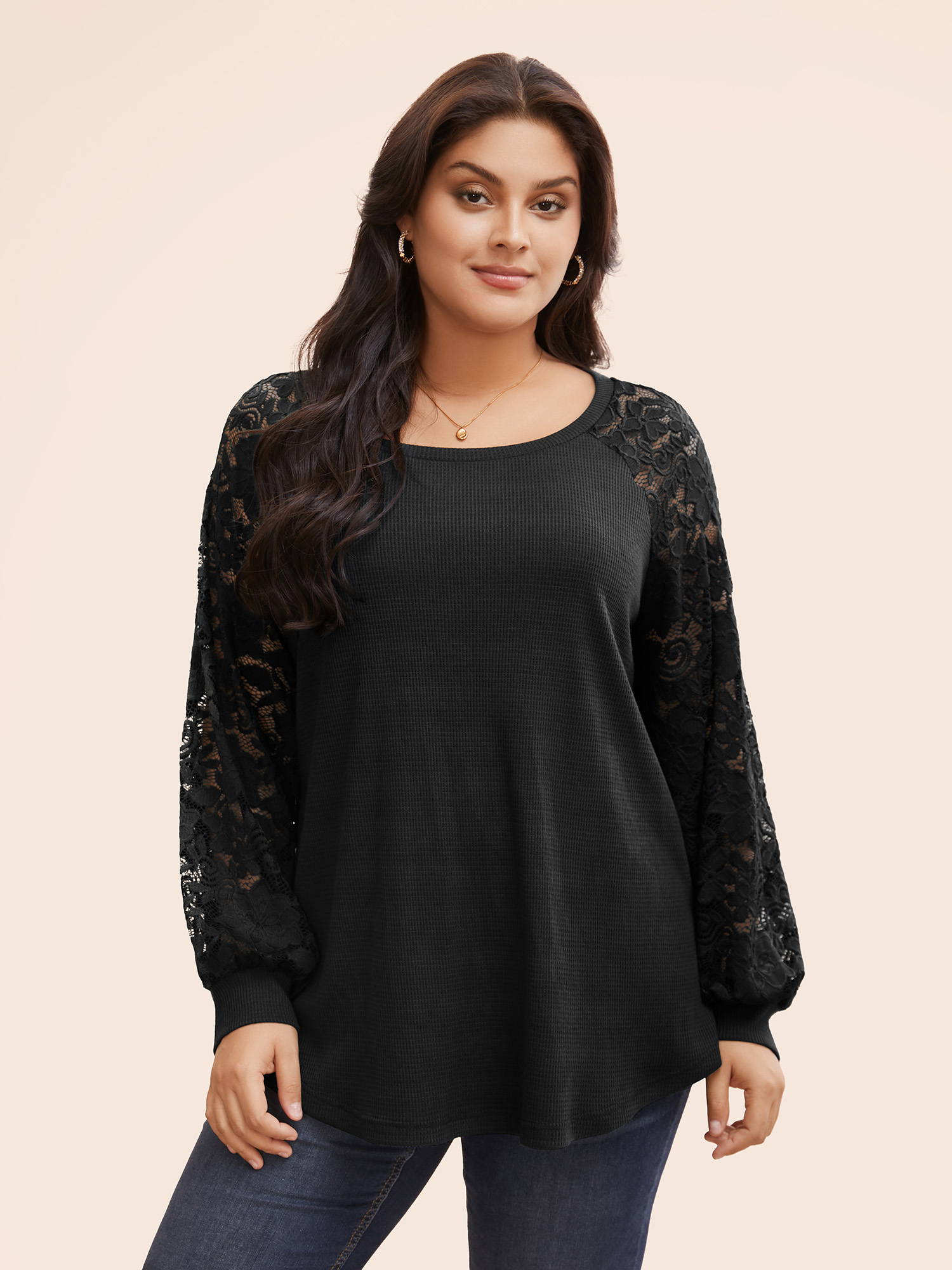 

Plain Lace Panel Round Neck Raglan Sleeve T-shirt, Black