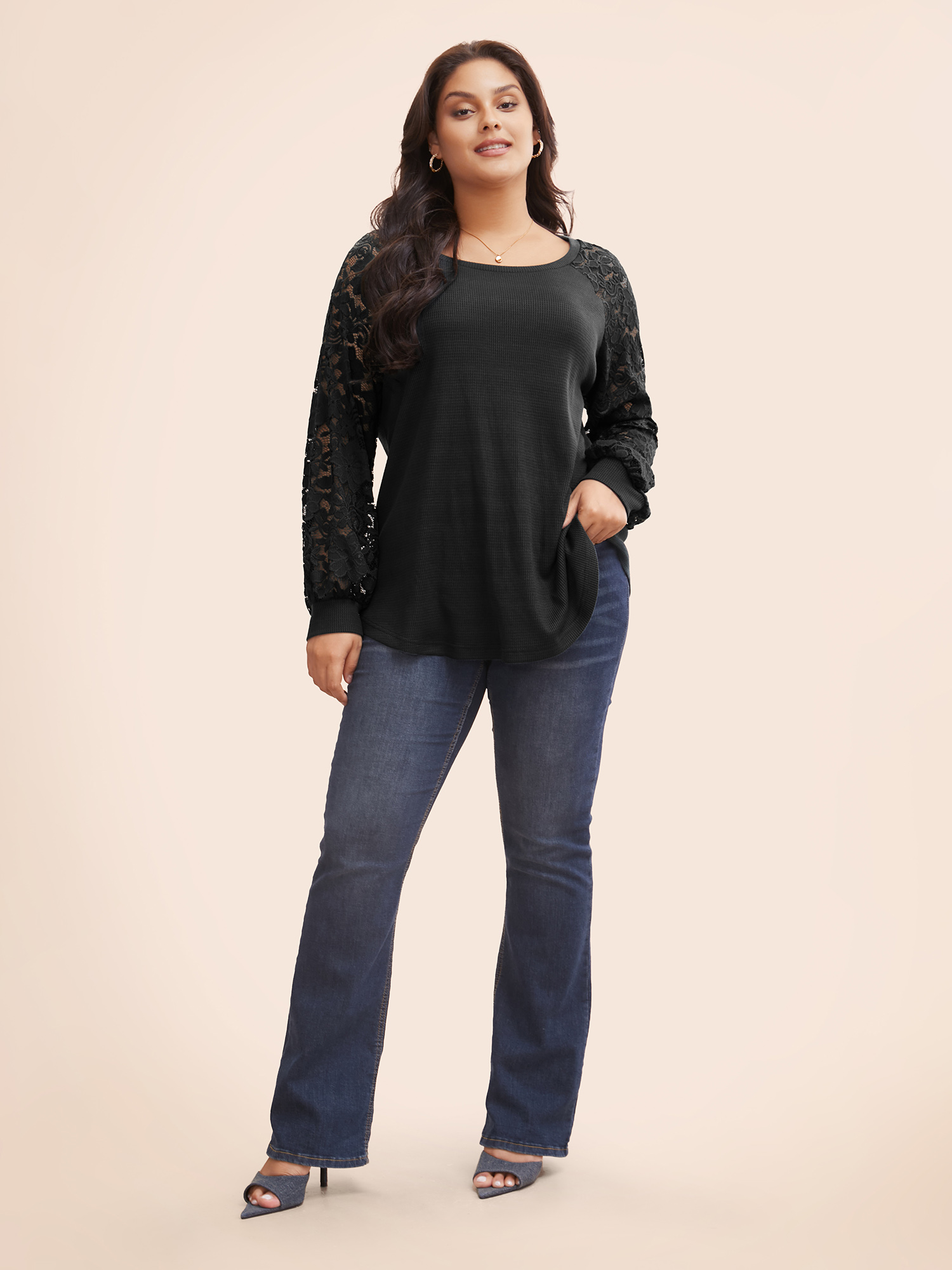 

Plus Size Plain Lace Panel Round Neck Raglan Sleeve T-shirt Black Square Neck Sleeveless Resort Jersey Tops