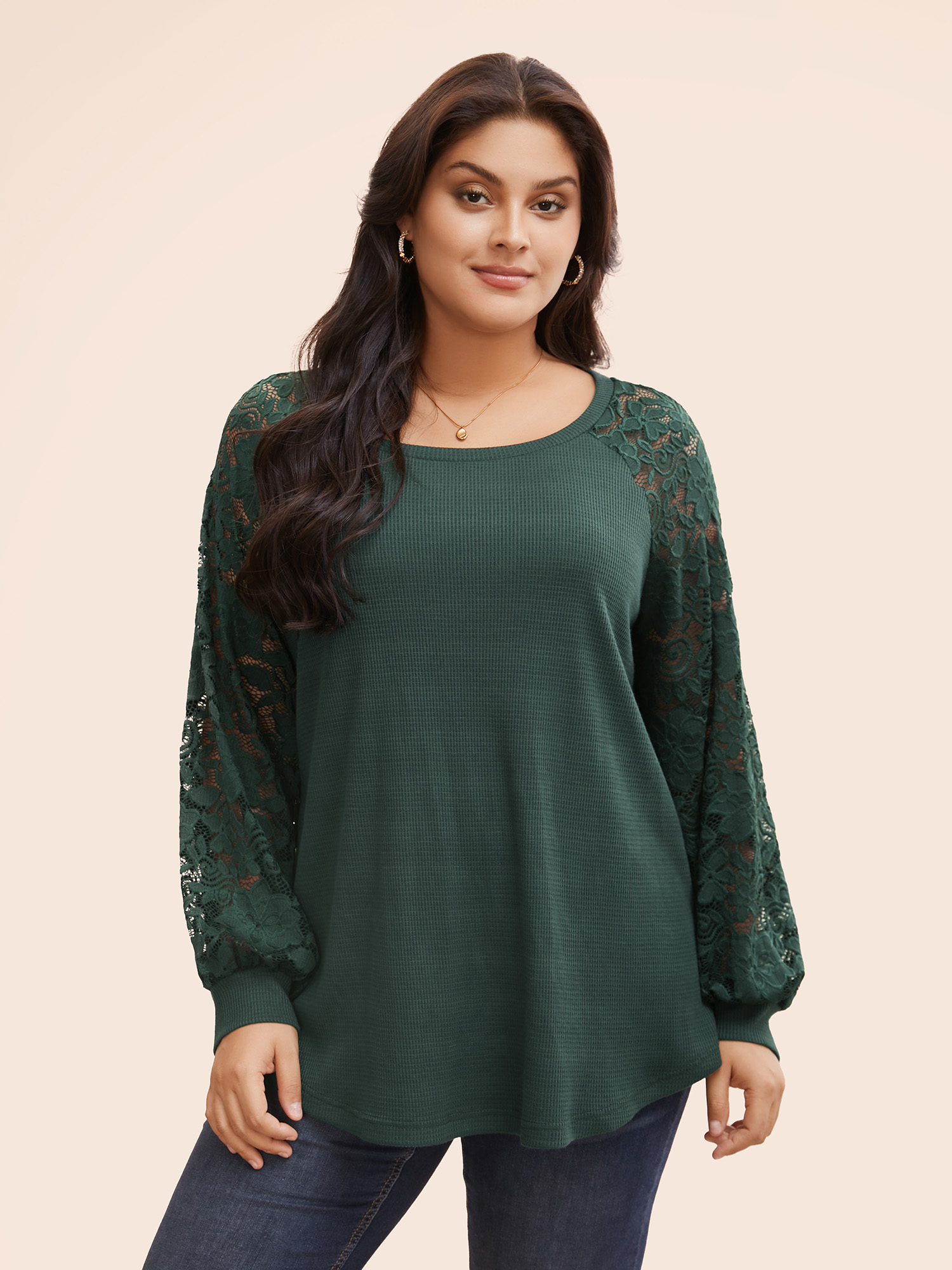 

Plus Size Plain Lace Panel Round Neck Raglan Sleeve T-shirt DarkGreen Women Elegant Non Plain Round Neck Everyday T-shirts BloomChic