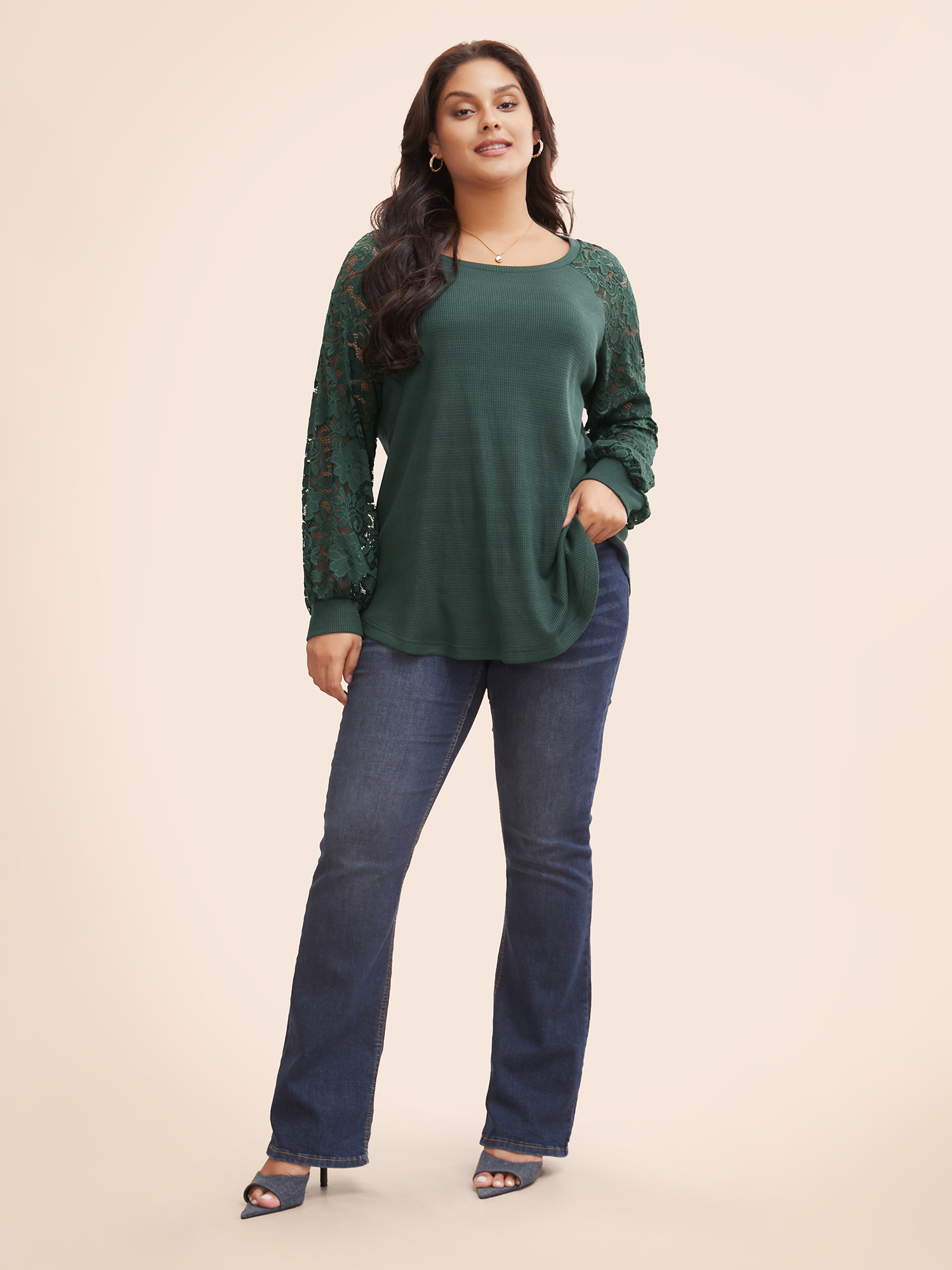 

Plus Size Plain Lace Panel Round Neck Raglan Sleeve T-shirt DarkGreen Round Neck Long Sleeve Elegant Jersey Tops