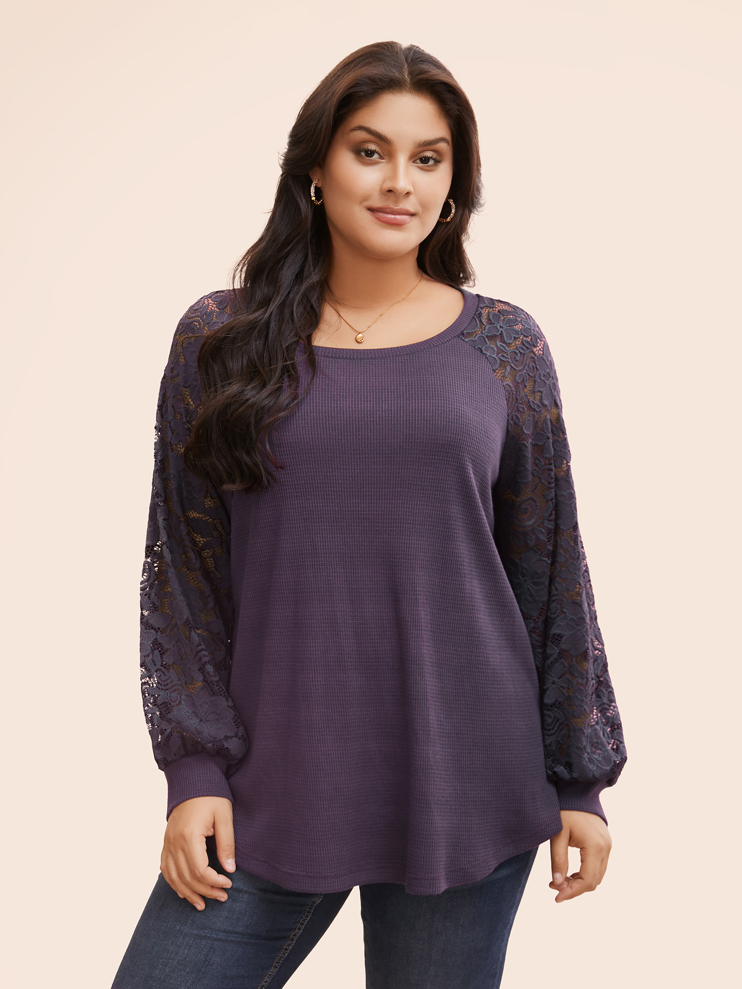 

Plus Size Plain Lace Panel Round Neck Raglan Sleeve T-shirt Mauve Round Neck Long Sleeve Elegant Jersey Tops