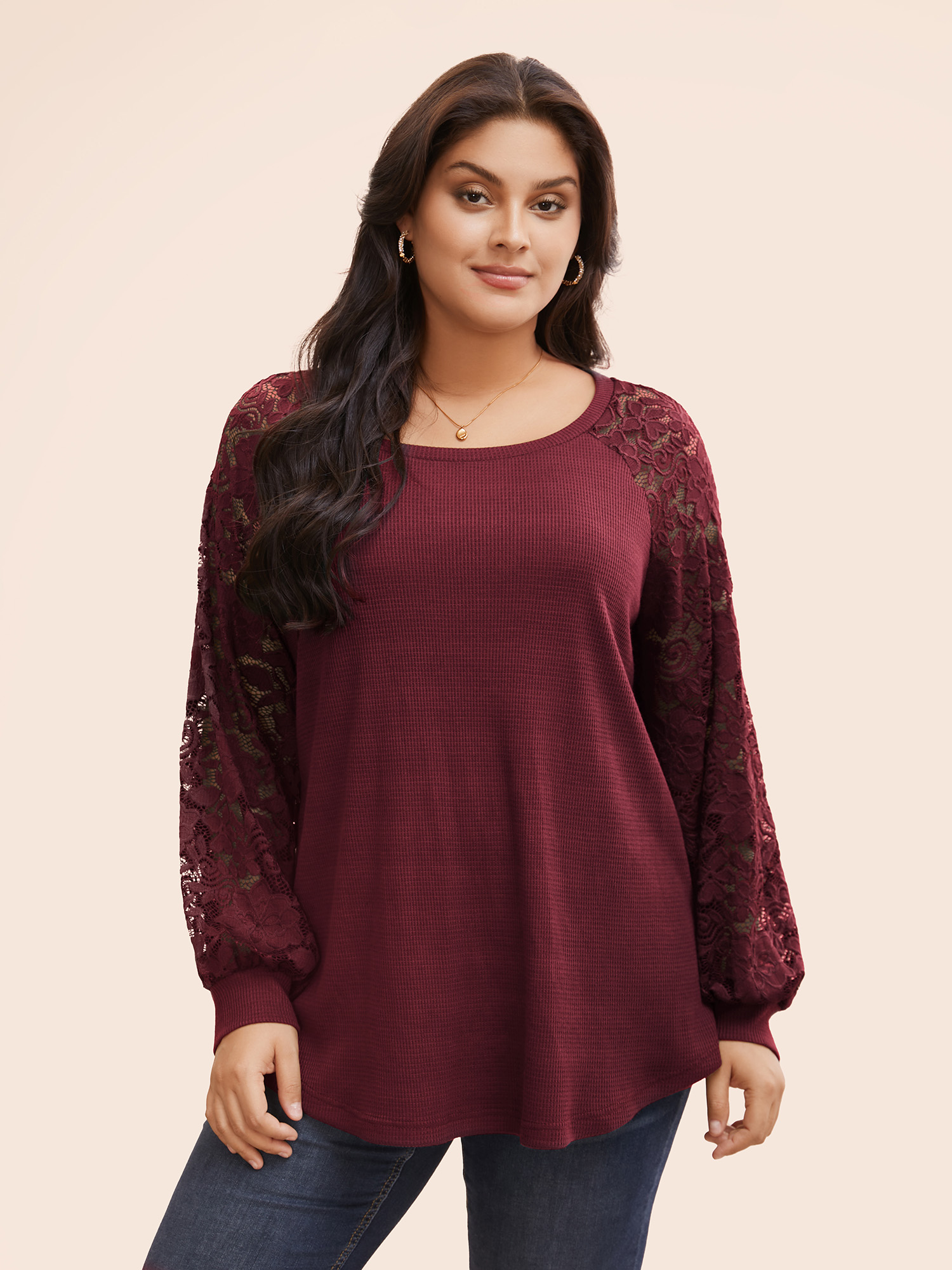 

Plus Size Plain Lace Panel Round Neck Raglan Sleeve T-shirt Burgundy Women Elegant Non Plain Round Neck Everyday T-shirts BloomChic