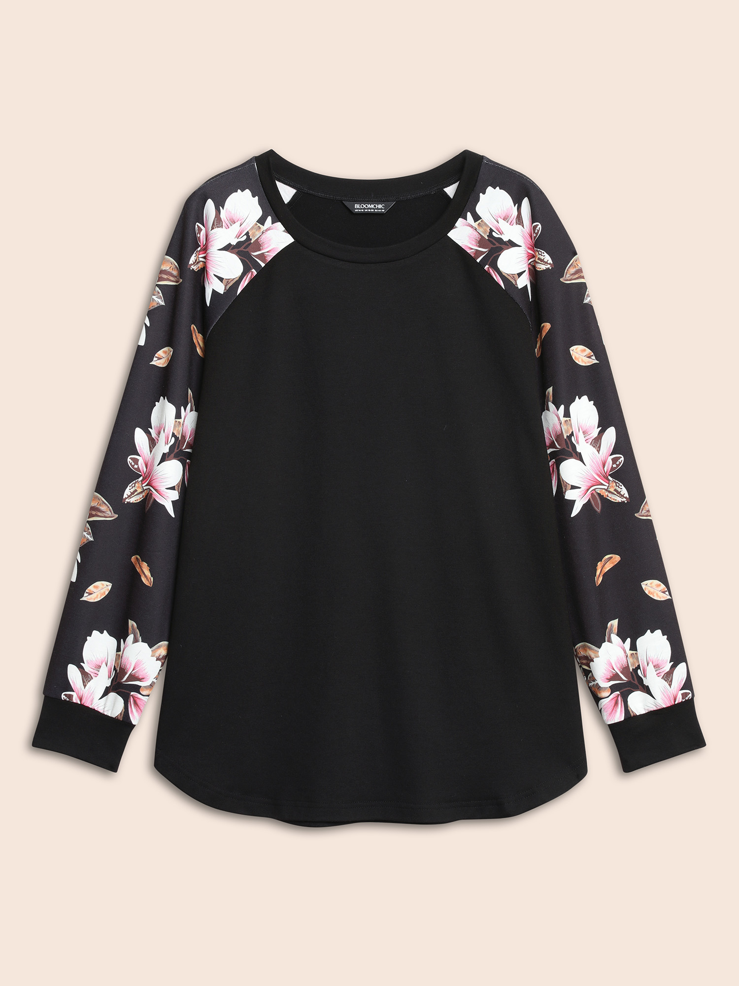 

Plus Size Floral Patchwork Crew Neck Raglan Sleeve Sweatshirt Women Black Elegant Elastic cuffs Round Neck Dailywear Sweatshirts BloomChic