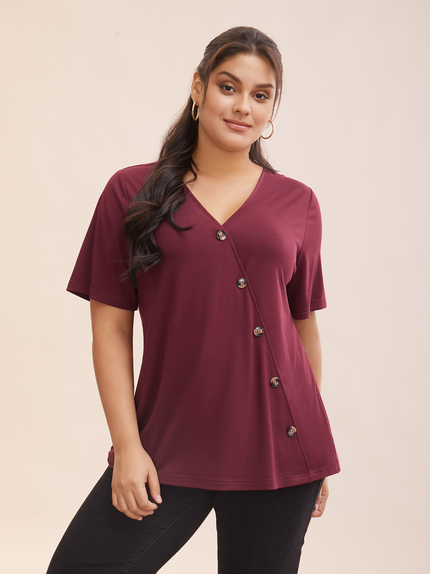 

Plus Size Plain V Neck Button Detail Flutter Sleeve T-shirt Red Women Casual Plain Plain V-neck Dailywear T-shirts BloomChic