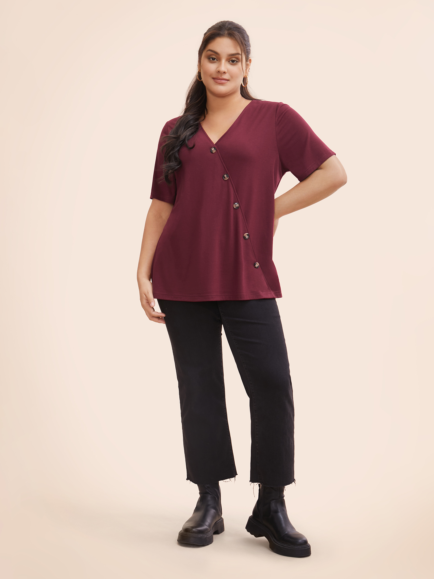 Plus Size Plain V Neck Button Detail Flutter Sleeve T-shirt Red Women Casual Plain Plain V-neck Dailywear T-shirts BloomChic 10/M 
