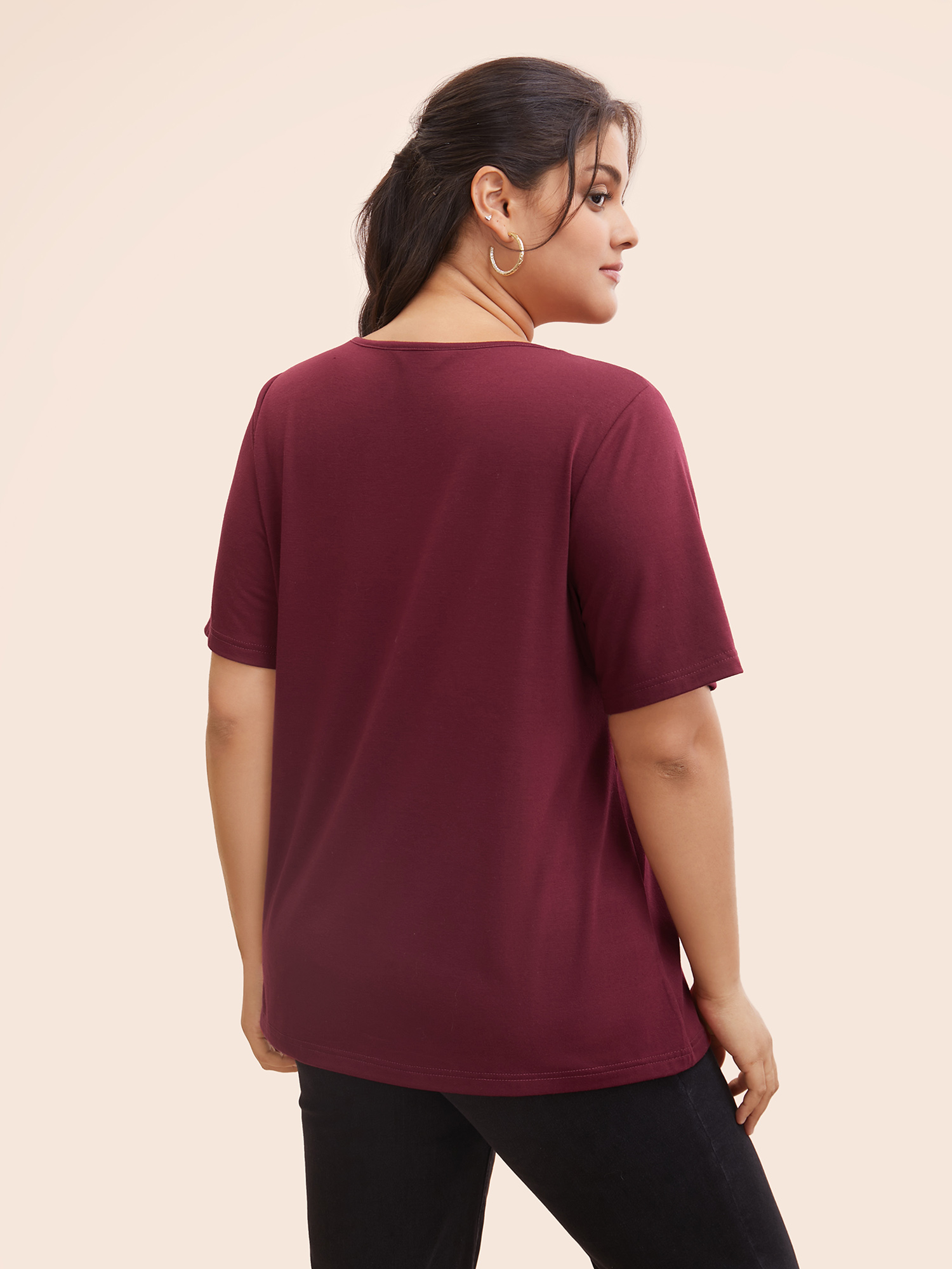 Plus Size Plain V Neck Button Detail Flutter Sleeve T-shirt Red Women Casual Plain Plain V-neck Dailywear T-shirts BloomChic 10/M 