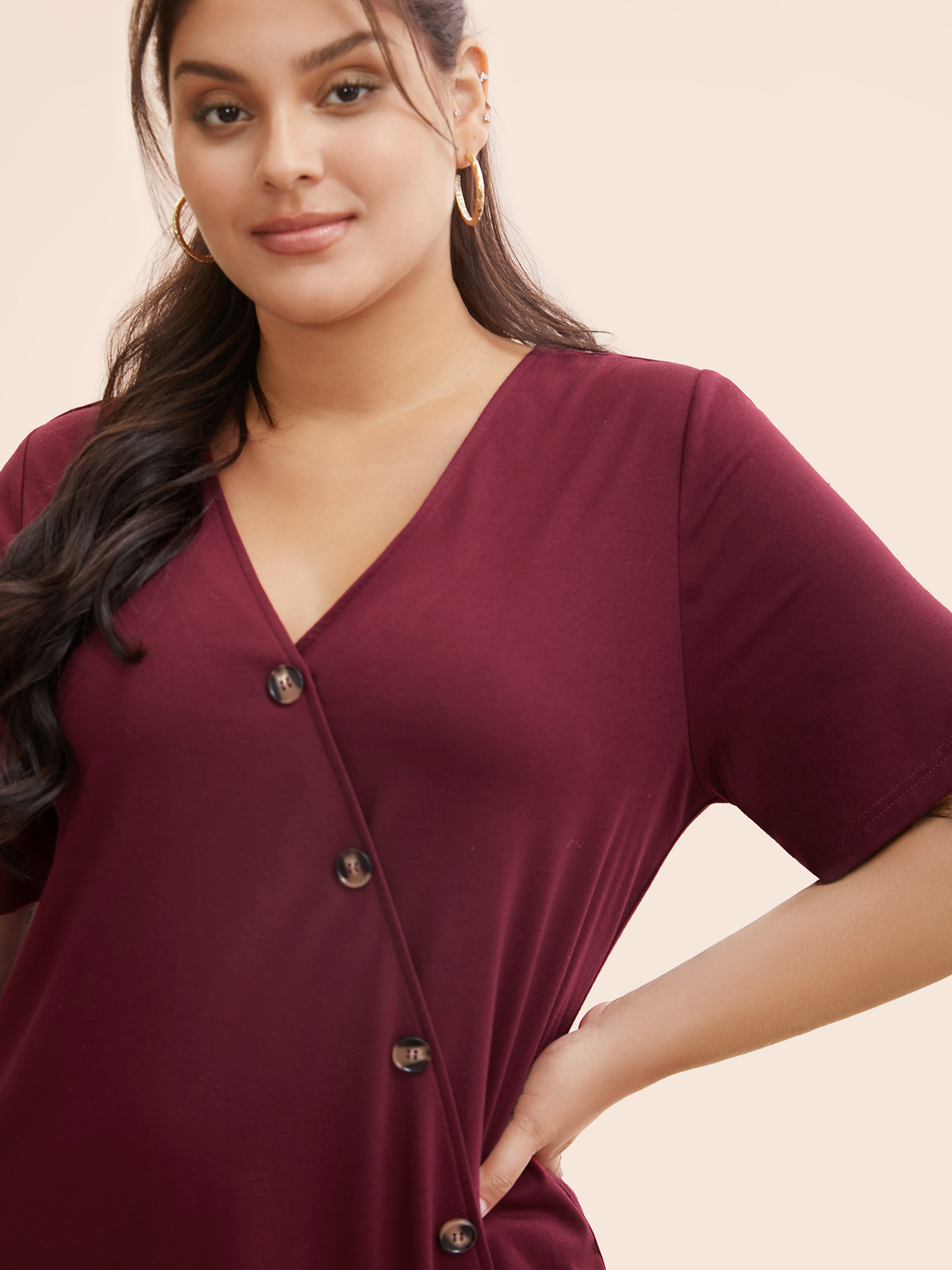 Plus Size Plain V Neck Button Detail Flutter Sleeve T-shirt Red Women Casual Plain Plain V-neck Dailywear T-shirts BloomChic 10/M 