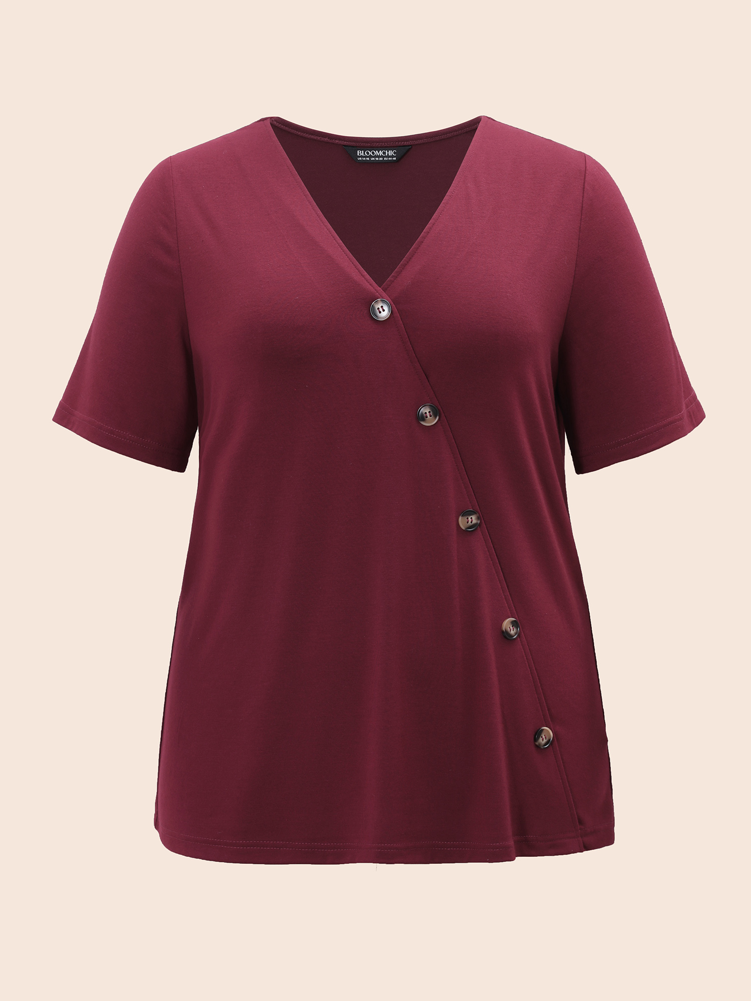 Plus Size Plain V Neck Button Detail Flutter Sleeve T-shirt Red Women Casual Plain Plain V-neck Dailywear T-shirts BloomChic 10/M 