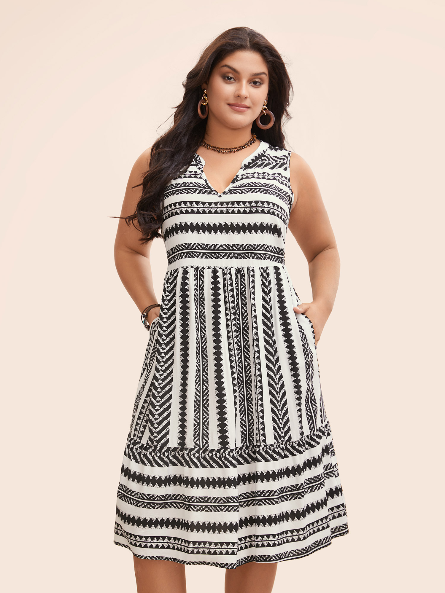 

Plus Size Striped Geometric Pocket Ruffle Hem Sleeveless Tank Dress Ivory Women Casual Non V-neck Sleeveless Curvy BloomChic