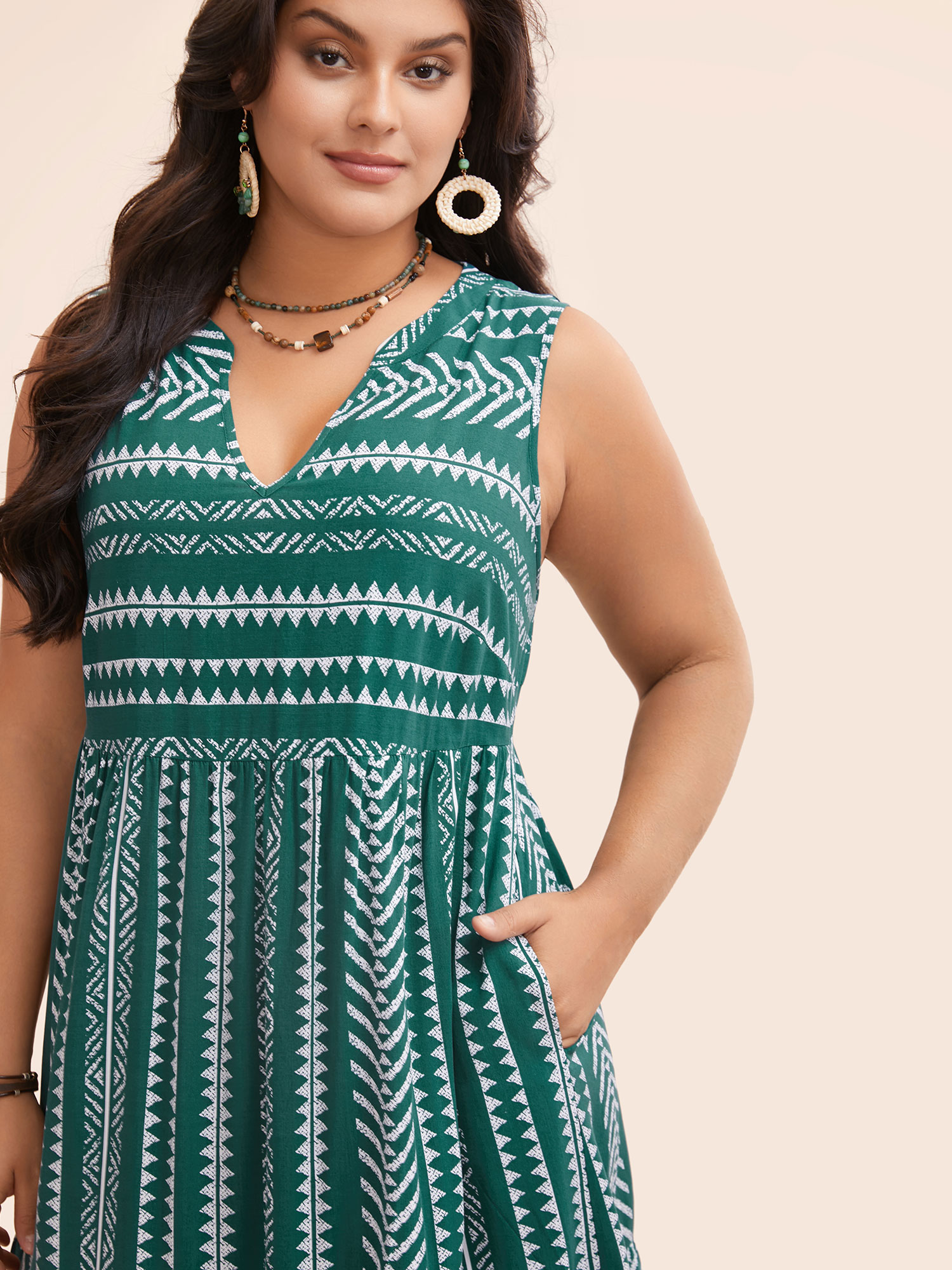 Plus Size Striped Geometric Pocket Ruffle Hem Sleeveless Tank Dress DarkGreen Women Casual Non V-neck Sleeveless Curvy BloomChic 14-16/1X 