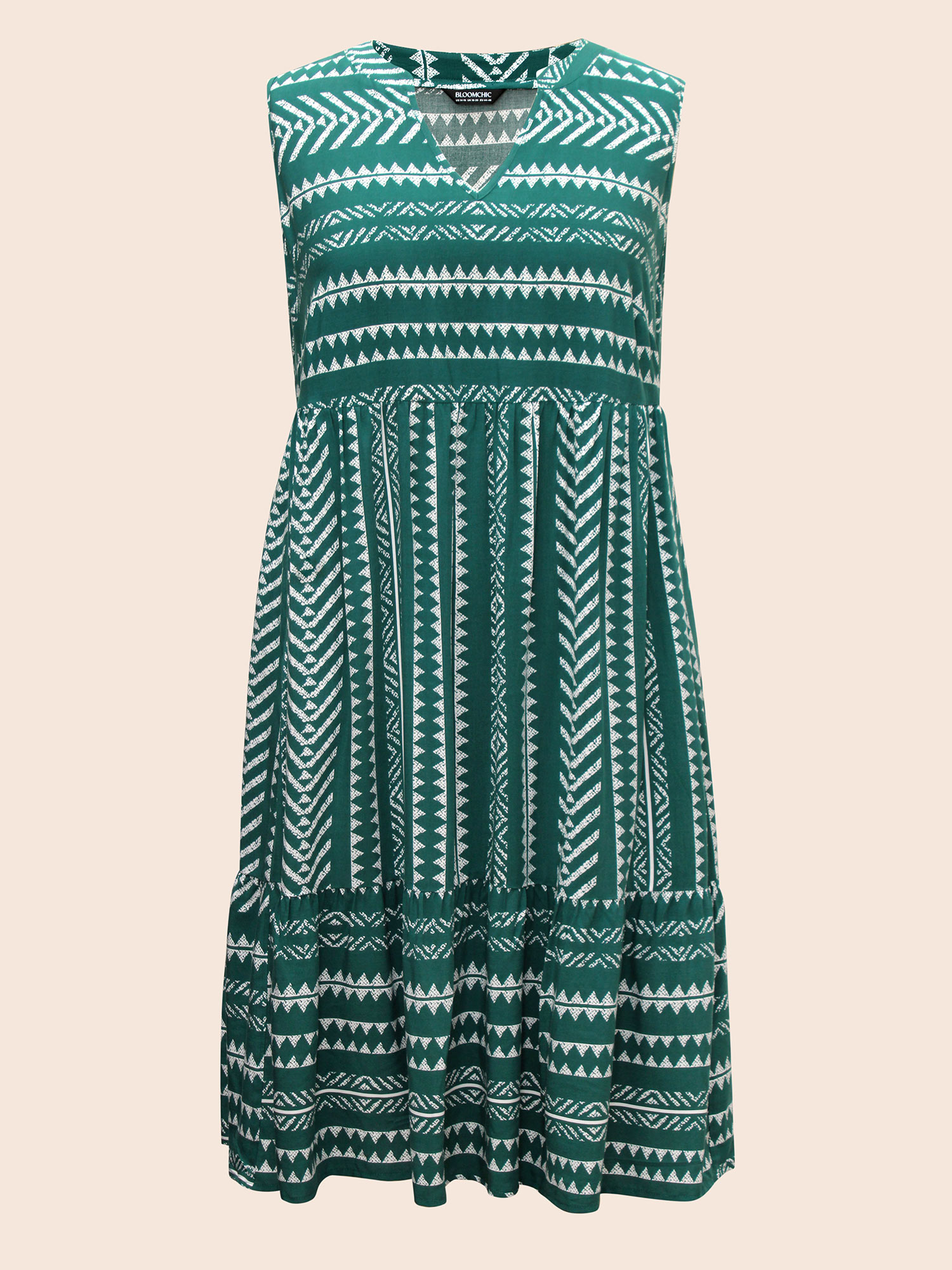 Plus Size Striped Geometric Pocket Ruffle Hem Sleeveless Tank Dress DarkGreen Women Casual Non V-neck Sleeveless Curvy BloomChic 14-16/1X 