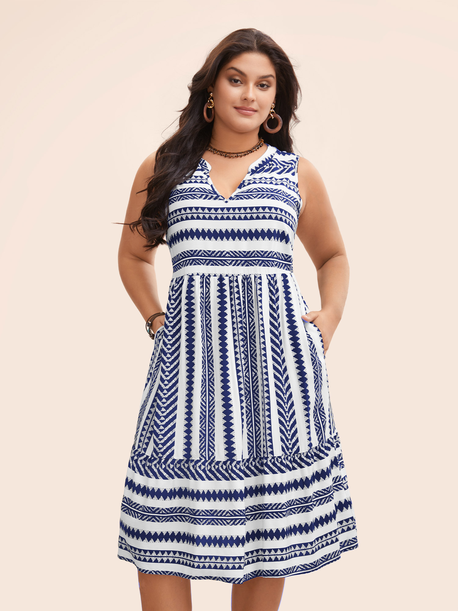 

Plus Size Striped Geometric Pocket Ruffle Hem Sleeveless Tank Dress Blue Women Casual Non V-neck Sleeveless Curvy BloomChic