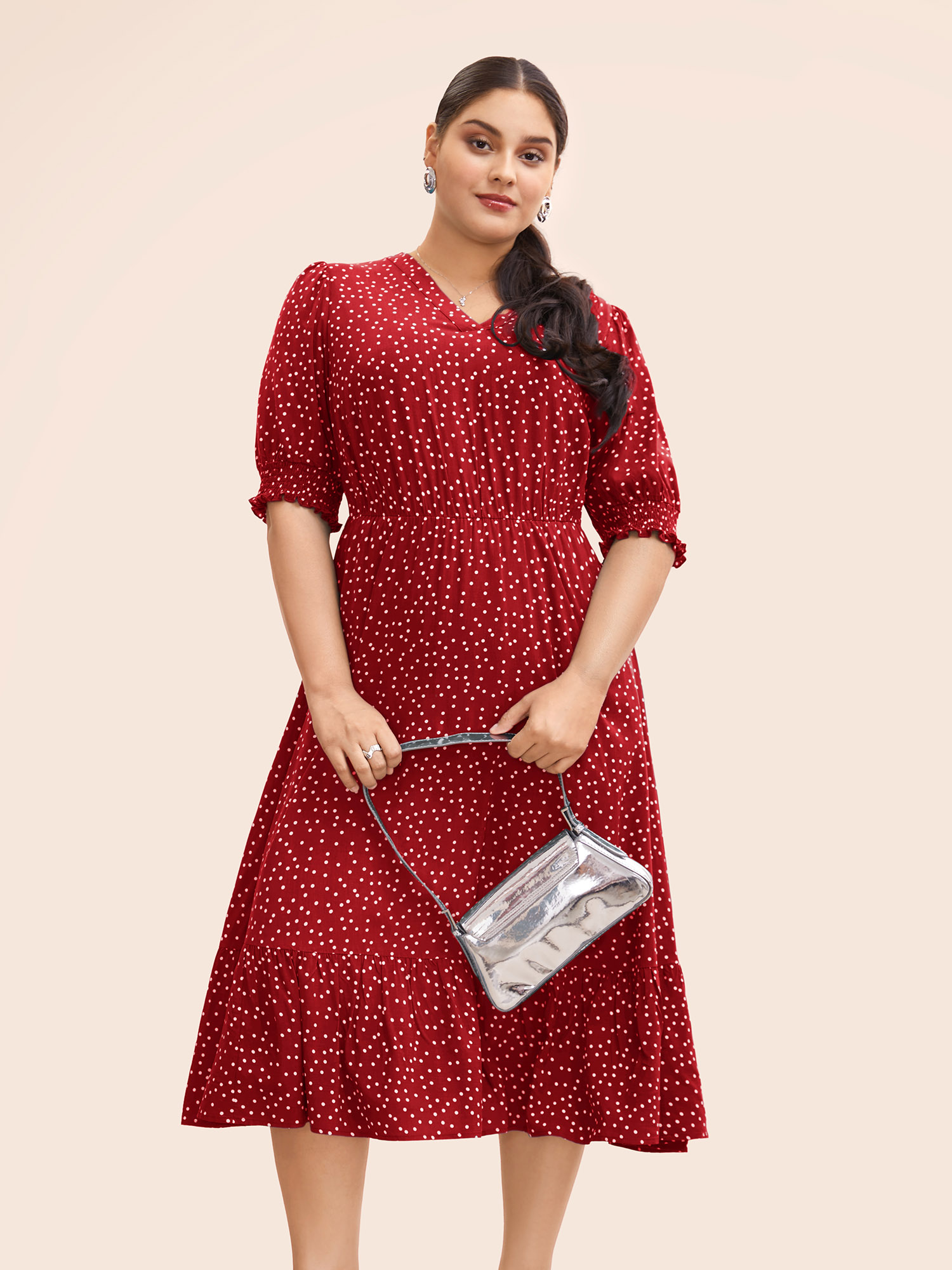 

Plus Size Polka Dot Shirred Pocket Flutter Hem Dress Burgundy Women Office Printed V-neck Half Sleeve Curvy Midi Dress BloomChic