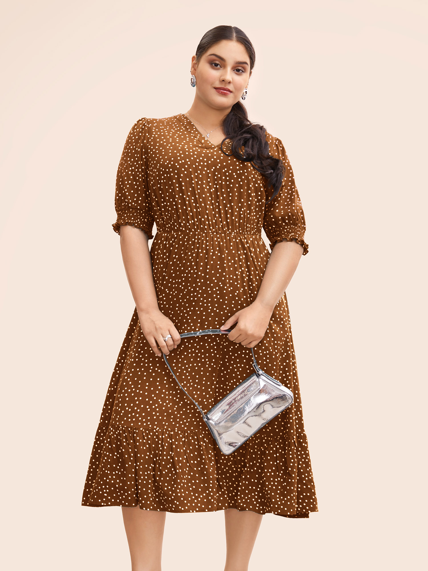 

Plus Size Polka Dot Shirred Pocket Flutter Hem Dress Chocolate Women Office Printed V-neck Half Sleeve Curvy Midi Dress BloomChic