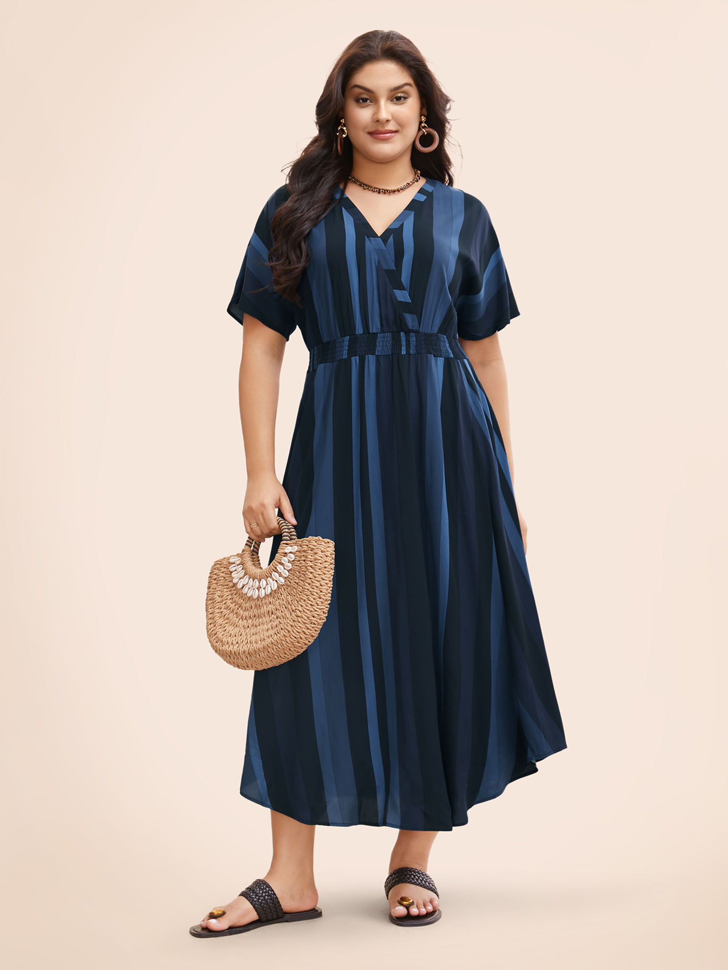 

Striped Patchwork Plus Size Women Elegant Dress Regular Dolman Half Sleeve V Neck Pocket Vacation Dresses BloomChic, Navy