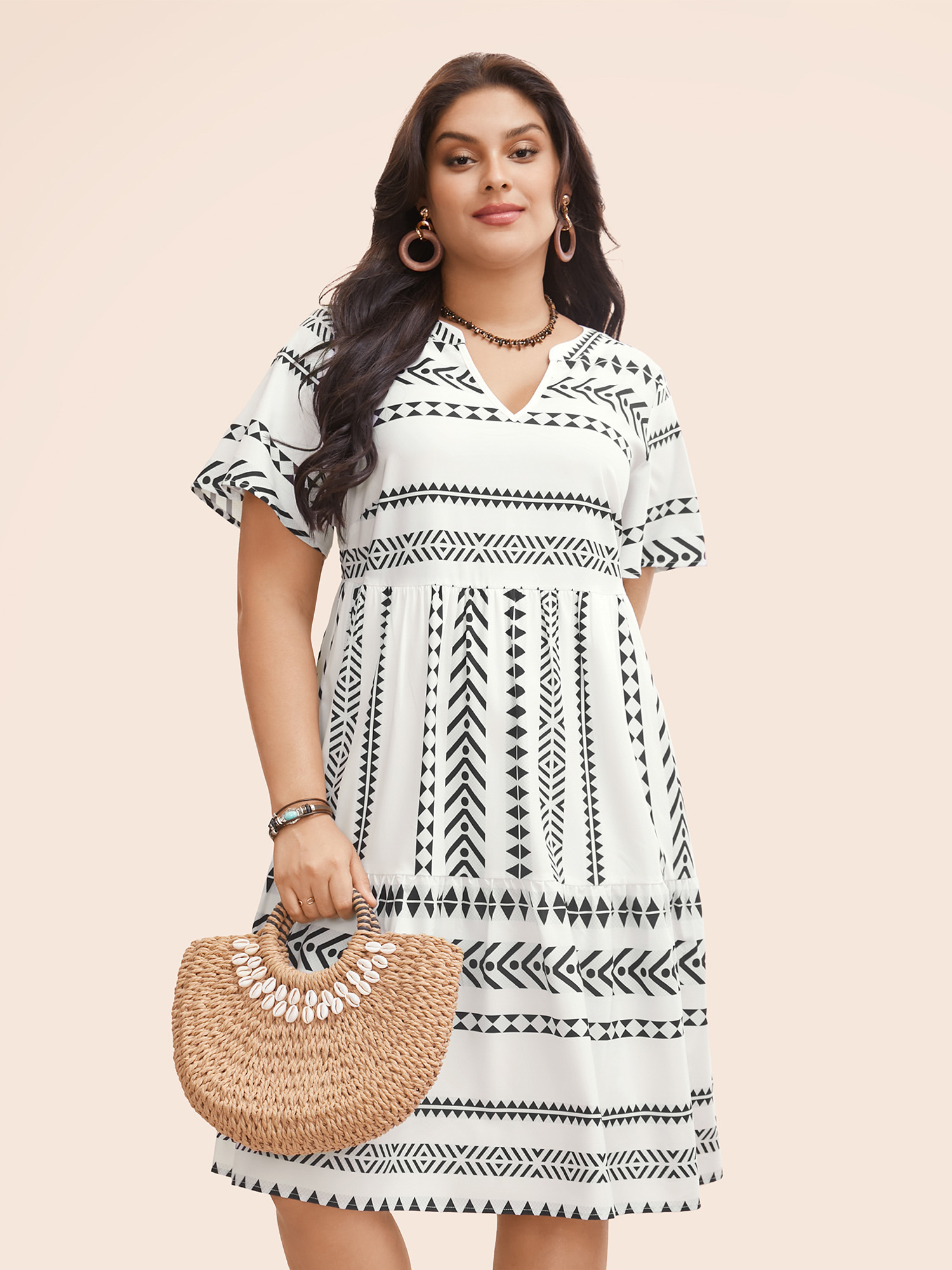 

Plus Size Bandana Geometric Ruffle Sleeve Babydoll Dress White Women Vacation Notched collar Short sleeve Curvy Knee Dress BloomChic