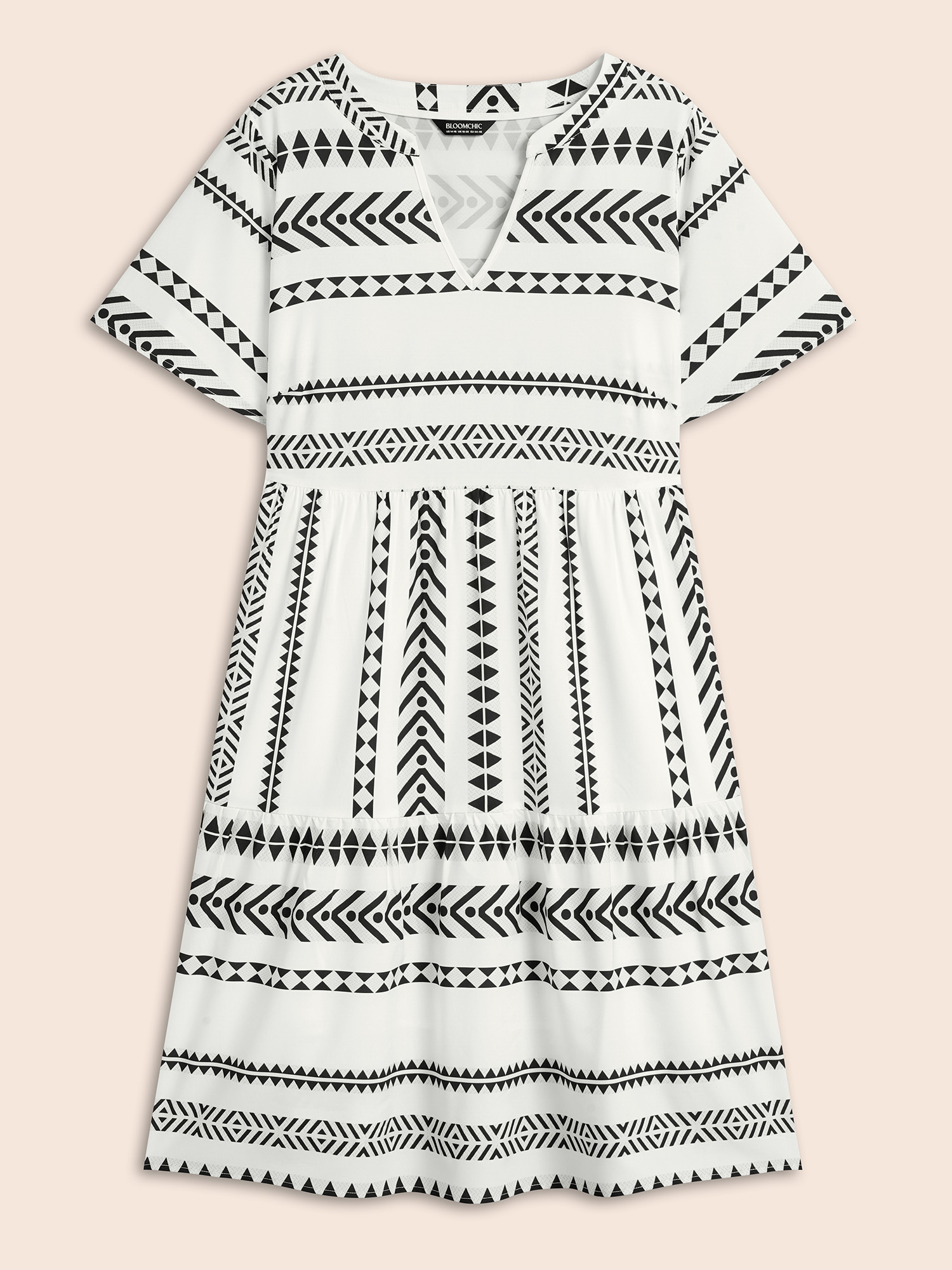 

Plus Size Bandana Geometric Ruffle Sleeve Babydoll Dress White Women Vacation Notched collar Short sleeve Curvy Knee Dress BloomChic