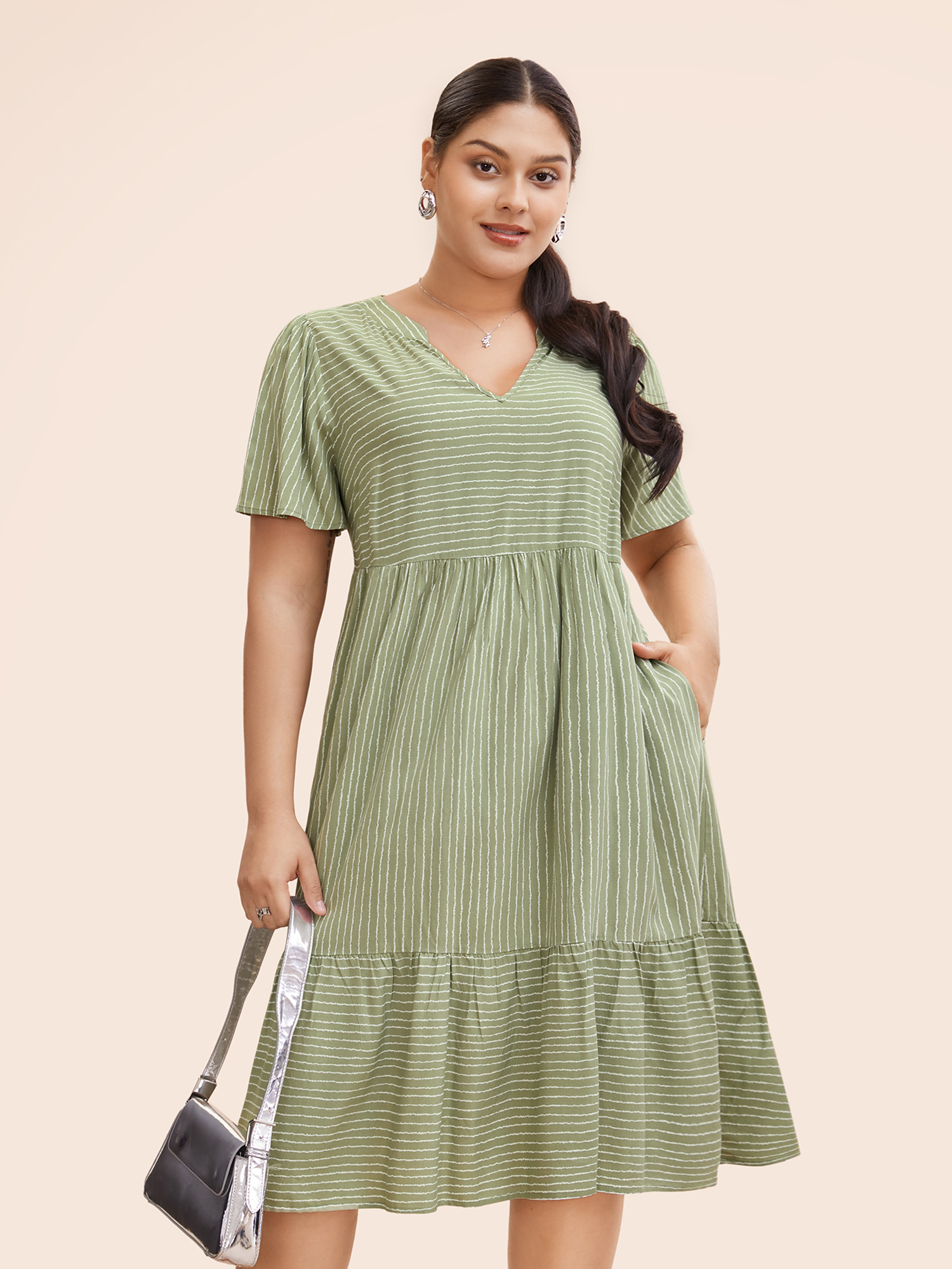 

Plus Size Striped Patchwork Notched Flutter Layered Babydoll Dress Moss Women Office Gathered Notched collar Short sleeve Curvy Midi Dress BloomChic