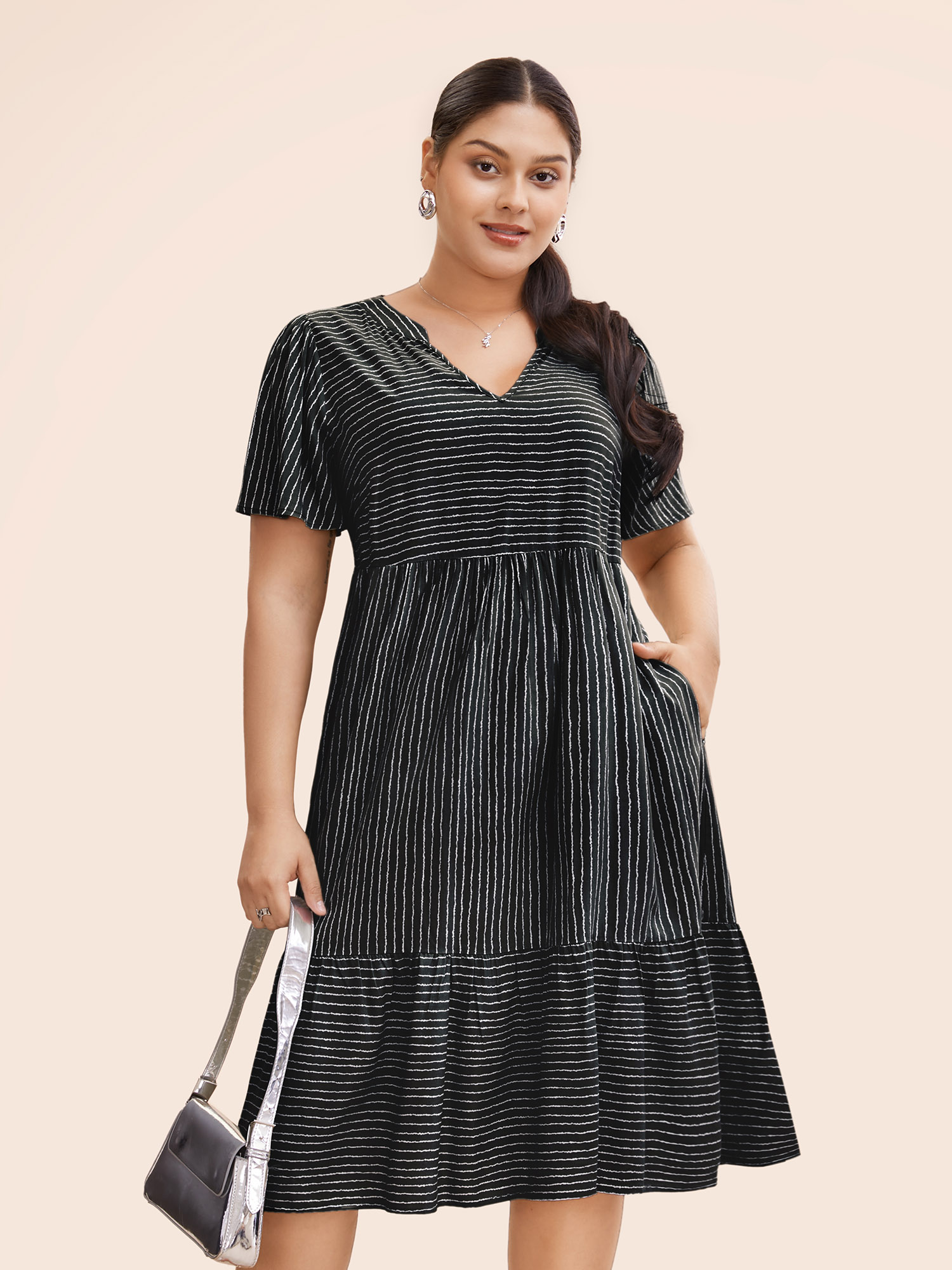 

Plus Size Striped Patchwork Notched Flutter Layered Babydoll Dress Black Women Office Gathered Notched collar Short sleeve Curvy Midi Dress BloomChic