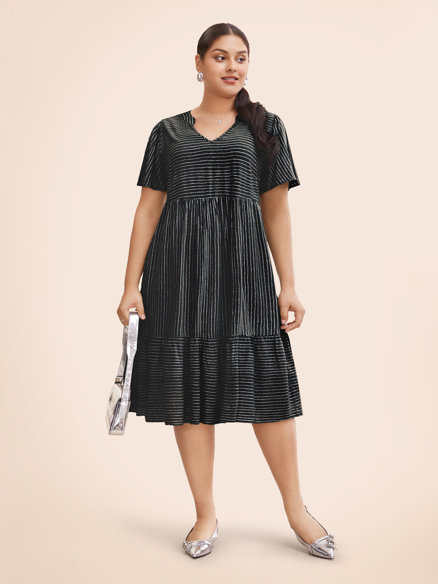 

Plus Size Striped Patchwork Notched Flutter Layered Babydoll Dress Black Women Office Gathered Notched collar Short sleeve Curvy Midi Dress BloomChic