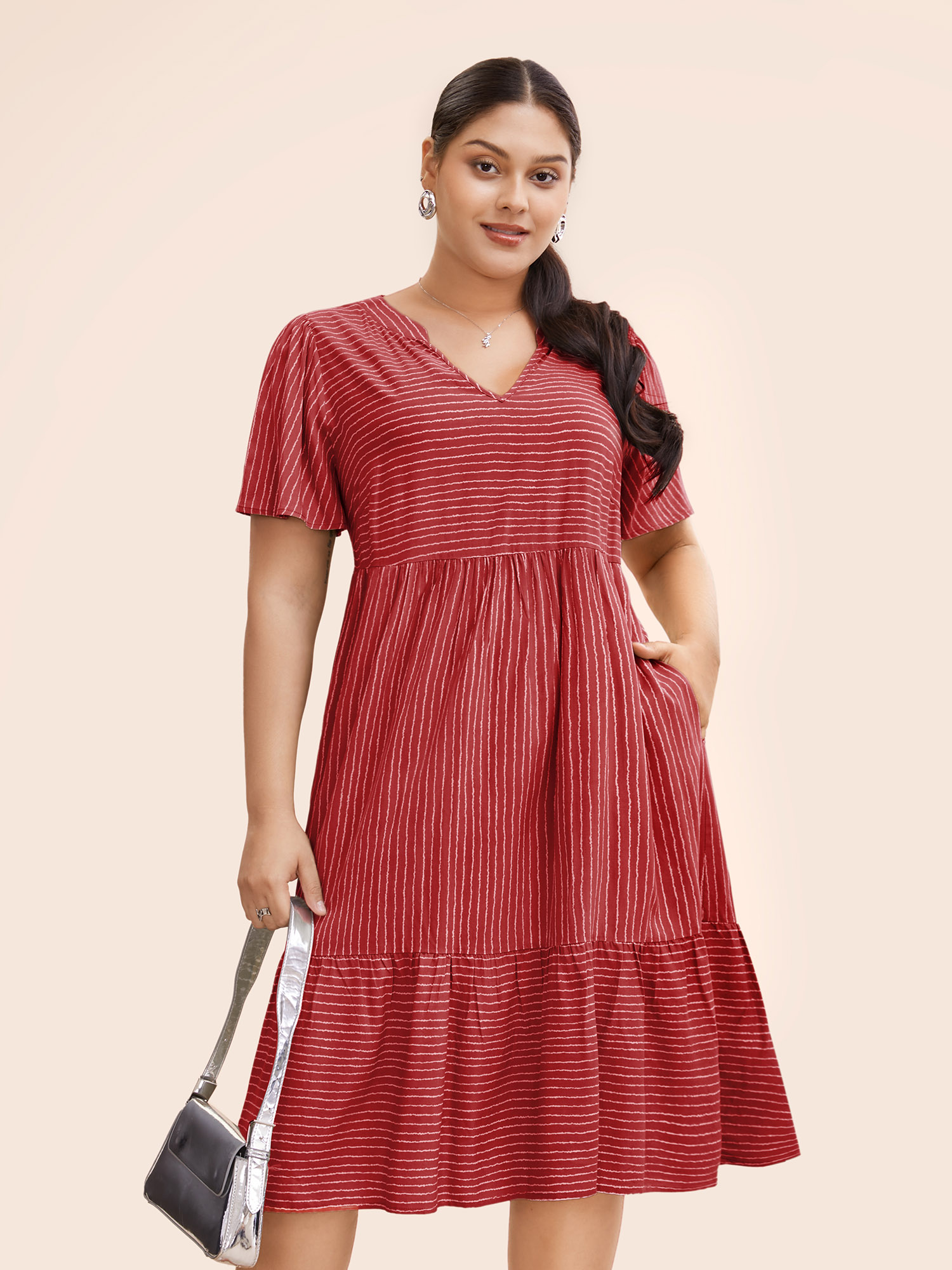 

Plus Size Striped Patchwork Notched Flutter Layered Babydoll Dress Crimson Women Office Gathered Notched collar Short sleeve Curvy Midi Dress BloomChic