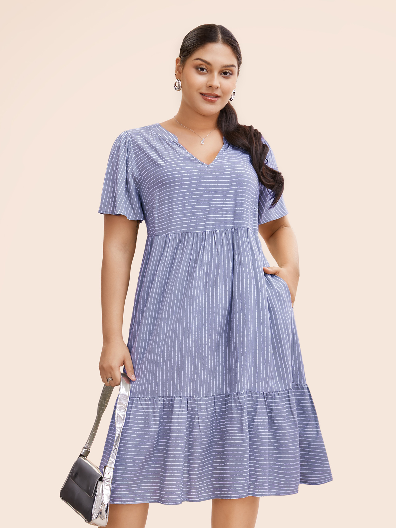 

Plus Size Striped Patchwork Notched Flutter Layered Babydoll Dress LightBlue Women Office Gathered Notched collar Short sleeve Curvy Midi Dress BloomChic