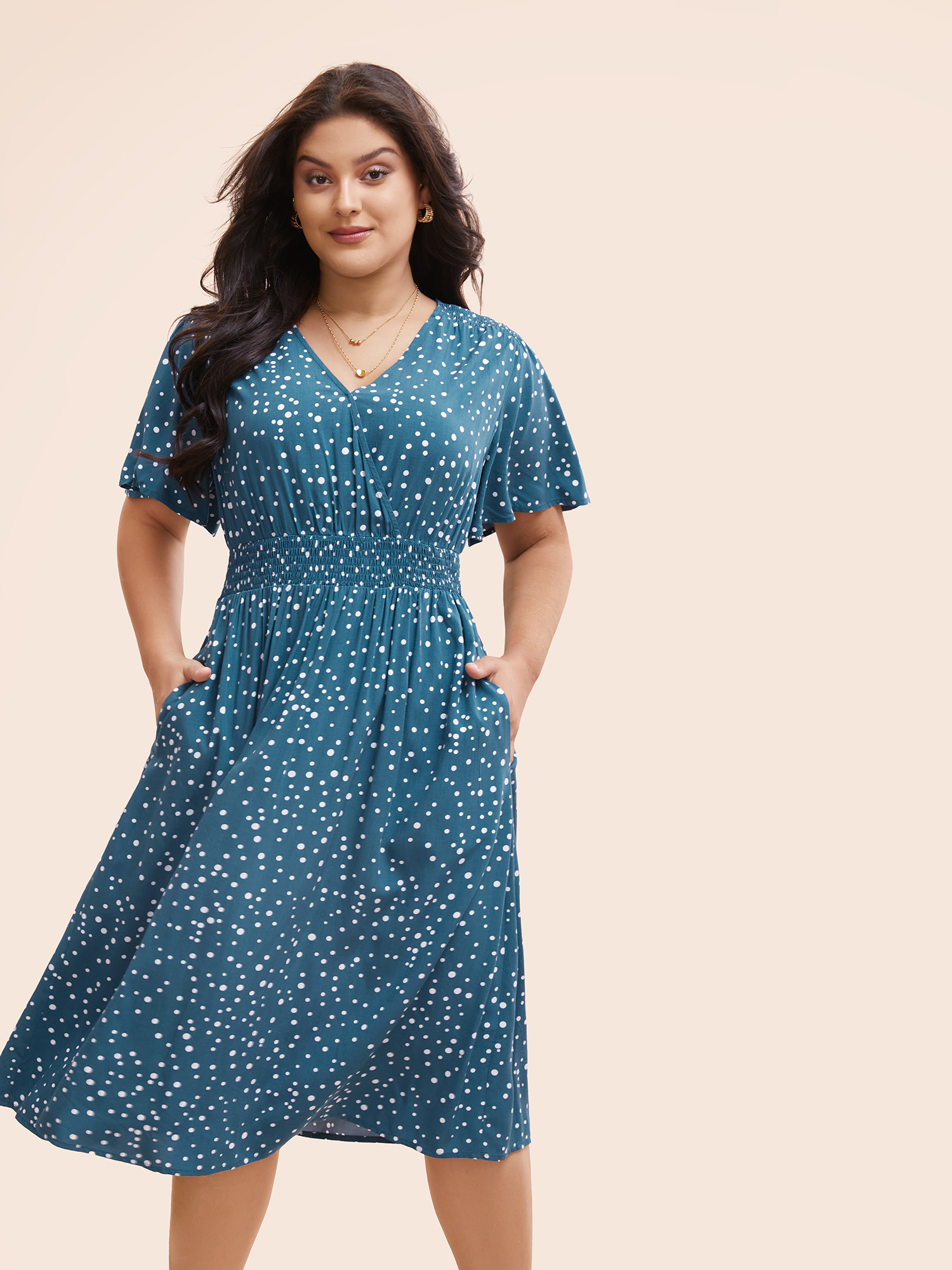 

Plus Size Polka Dot Wrap Pocket Shirred Ruffle Sleeve Dress Aegean Women Elegant Patchwork V-neck Short sleeve Curvy Midi Dress BloomChic