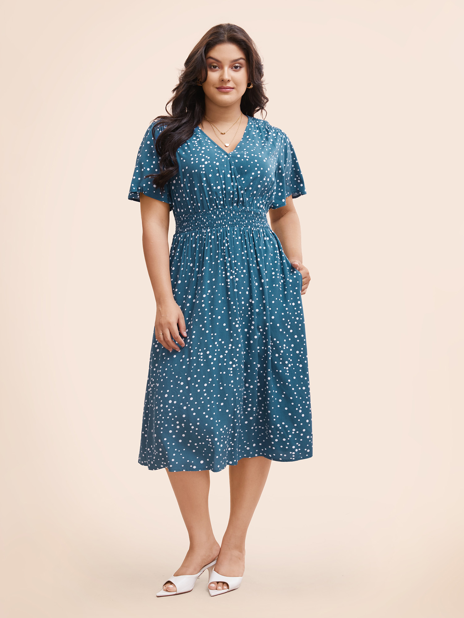 

Plus Size Polka Dot Wrap Pocket Shirred Ruffle Sleeve Dress Aegean Women Elegant Patchwork V-neck Short sleeve Curvy Midi Dress BloomChic