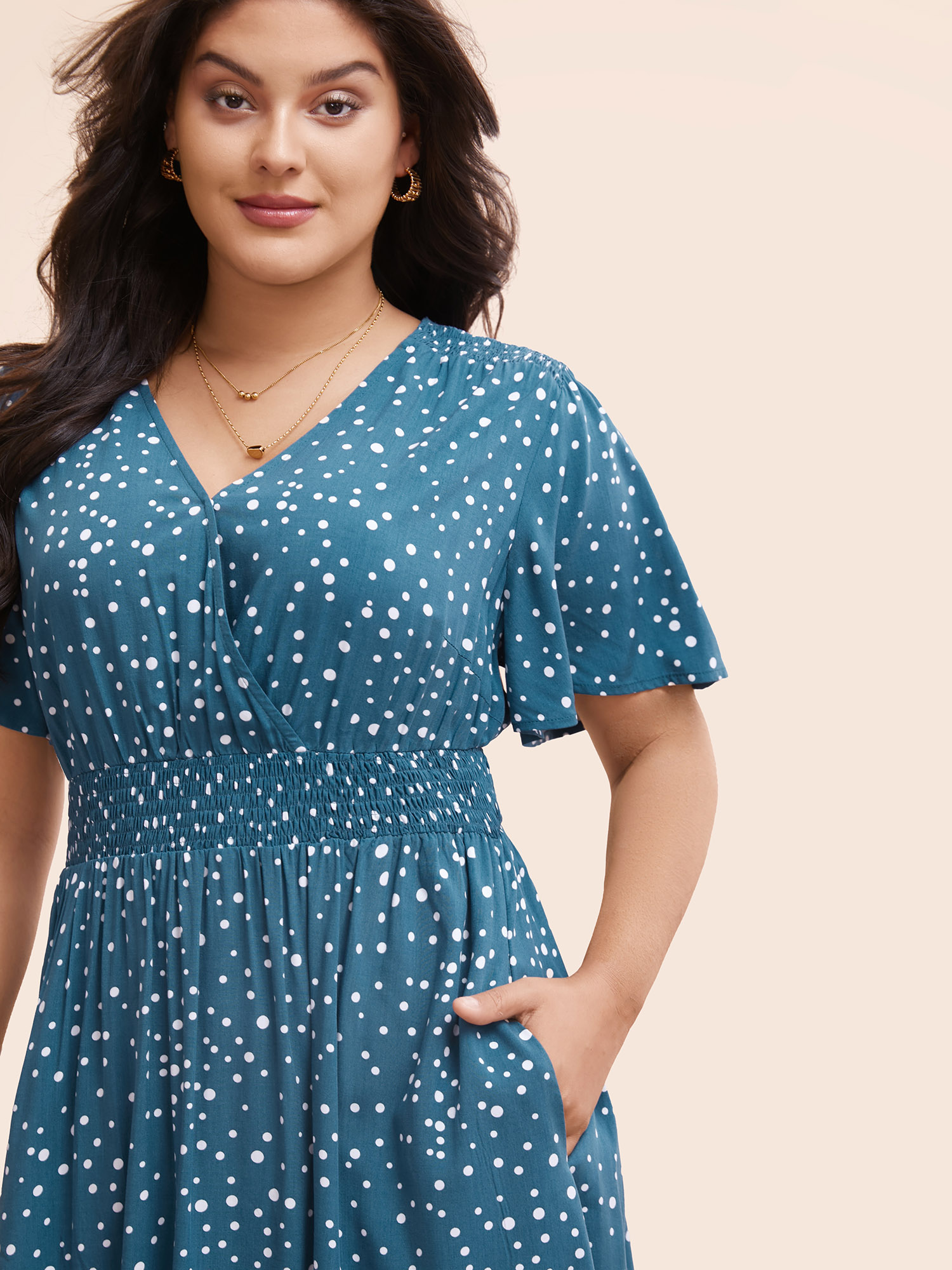 Plus Size Polka Dot Wrap Pocket Shirred Ruffle Sleeve Dress Aegean Women Elegant Patchwork V-neck Short sleeve Curvy Midi Dress BloomChic 18-20/2X 