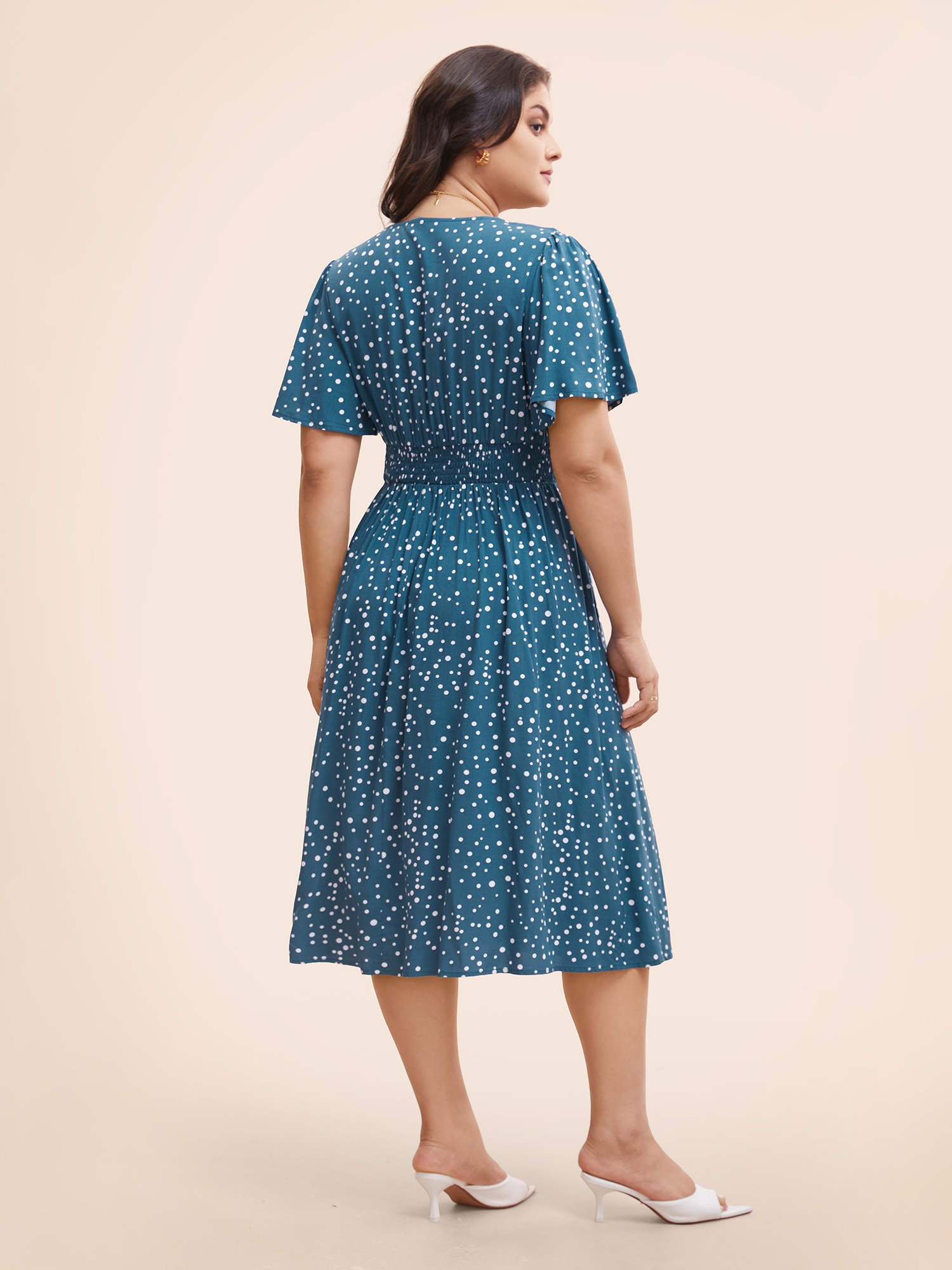 Plus Size Polka Dot Wrap Pocket Shirred Ruffle Sleeve Dress Aegean Women Elegant Patchwork V-neck Short sleeve Curvy Midi Dress BloomChic 18-20/2X 