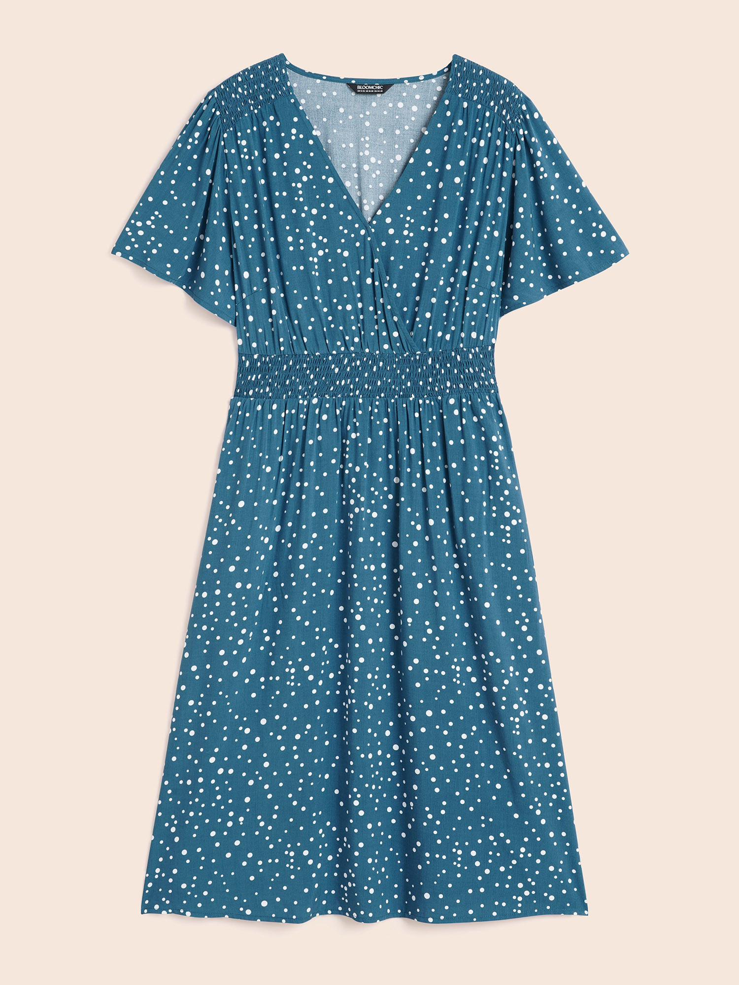 Plus Size Polka Dot Wrap Pocket Shirred Ruffle Sleeve Dress Aegean Women Elegant Patchwork V-neck Short sleeve Curvy Midi Dress BloomChic 18-20/2X 