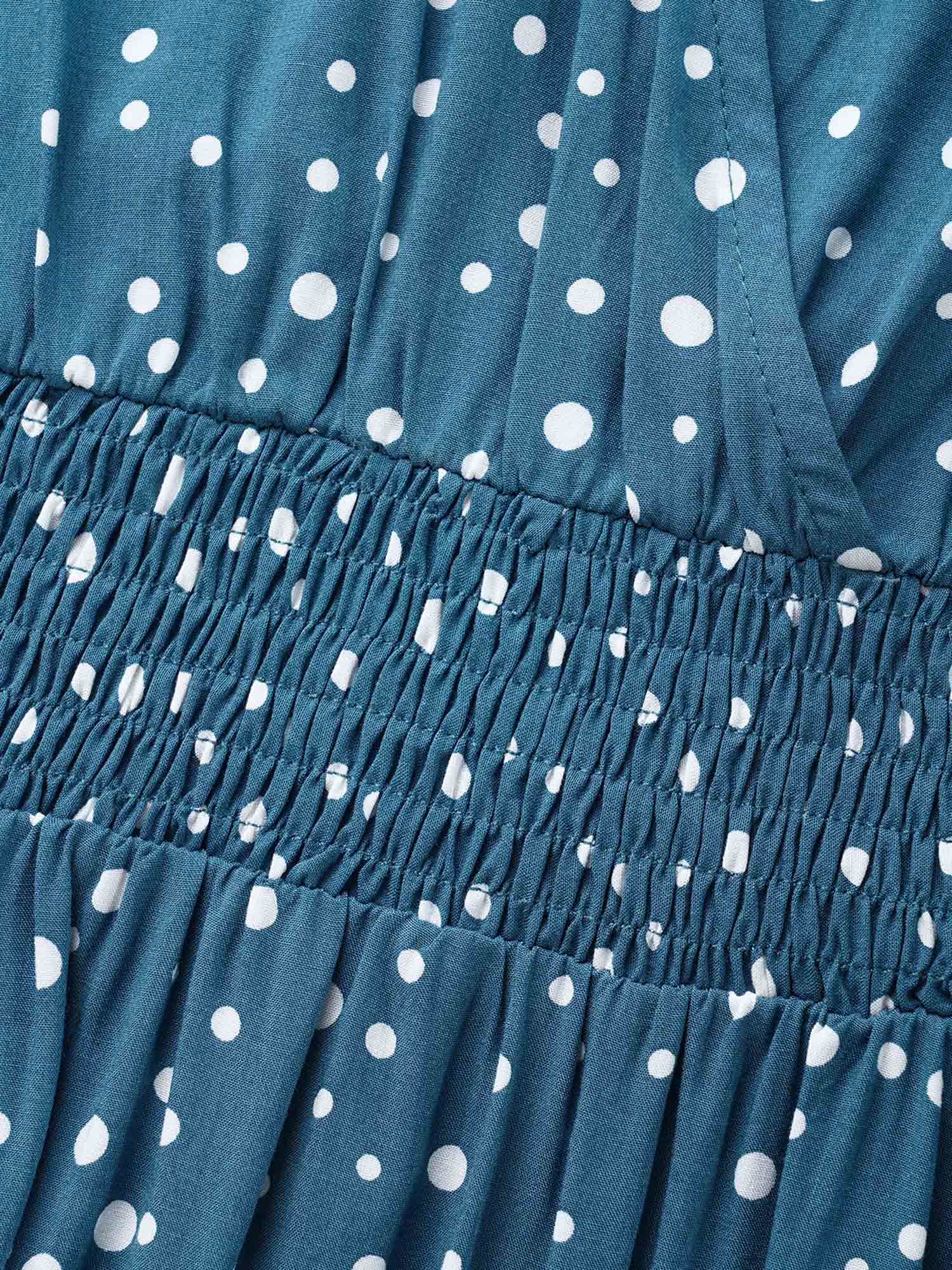 Plus Size Polka Dot Wrap Pocket Shirred Ruffle Sleeve Dress Aegean Women Elegant Patchwork V-neck Short sleeve Curvy Midi Dress BloomChic 18-20/2X 