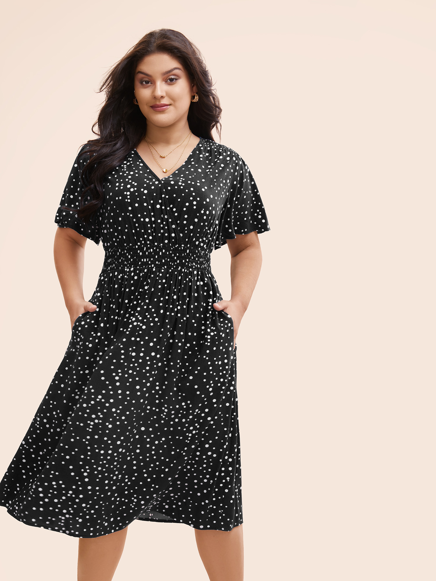 

Plus Size Polka Dot Wrap Pocket Shirred Ruffle Sleeve Dress Black Women Elegant Patchwork V-neck Short sleeve Curvy Midi Dress BloomChic