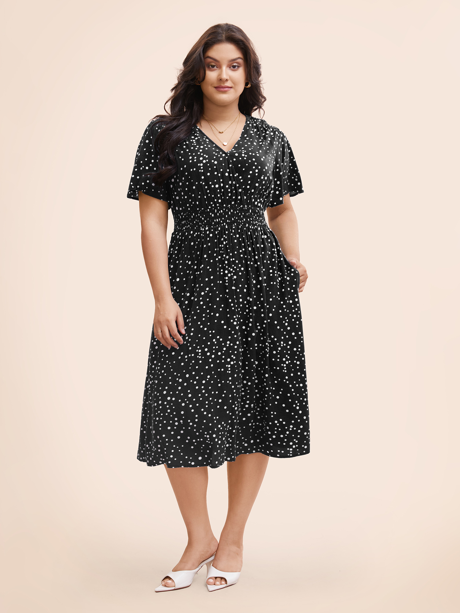 Plus Size Polka Dot Wrap Pocket Shirred Ruffle Sleeve Dress Black Women Elegant Patchwork V-neck Short sleeve Curvy Midi Dress BloomChic 30/6X 