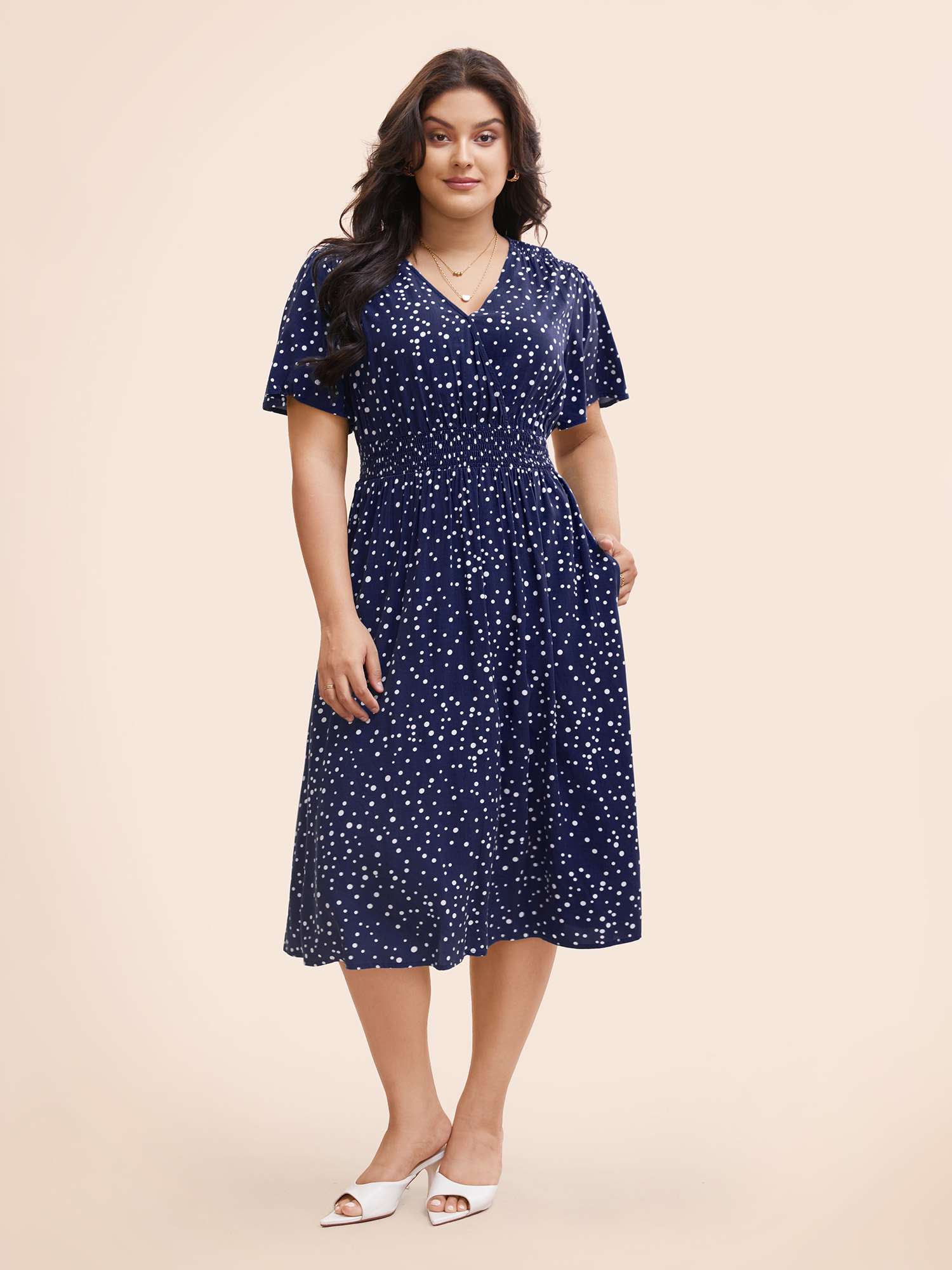 

Plus Size Polka Dot Wrap Pocket Shirred Ruffle Sleeve Dress Indigo Women Elegant Patchwork V-neck Short sleeve Curvy Midi Dress BloomChic