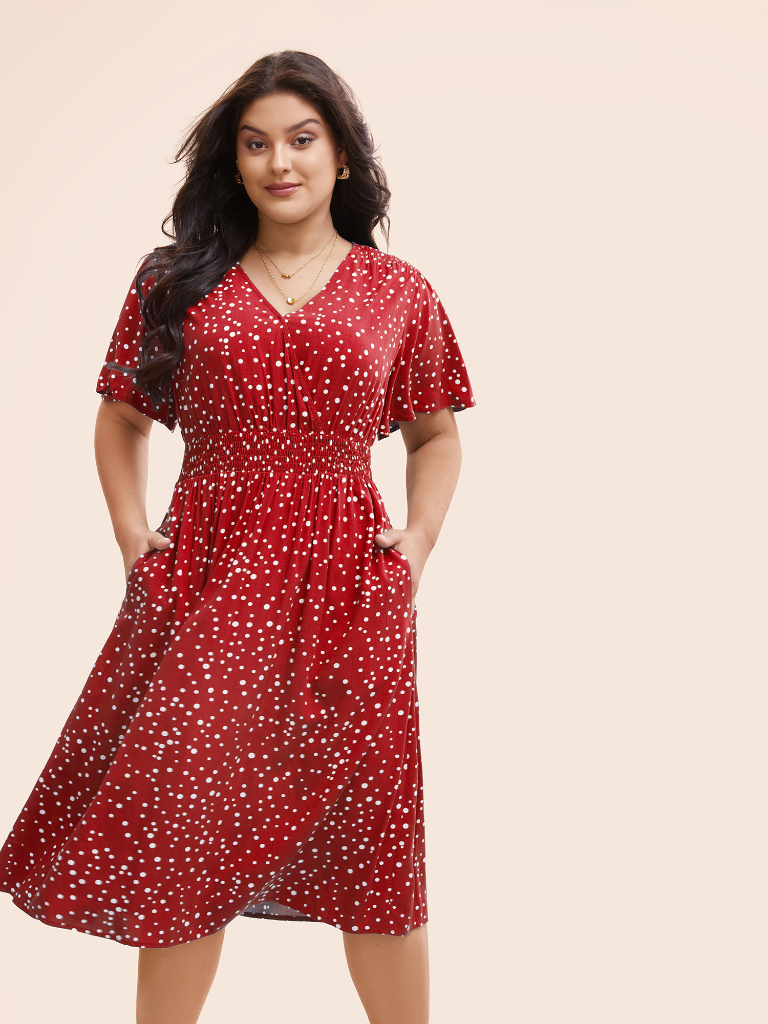 

Plus Size Polka Dot Wrap Pocket Shirred Ruffle Sleeve Dress Raspberry Women Elegant Patchwork V-neck Short sleeve Curvy Midi Dress BloomChic