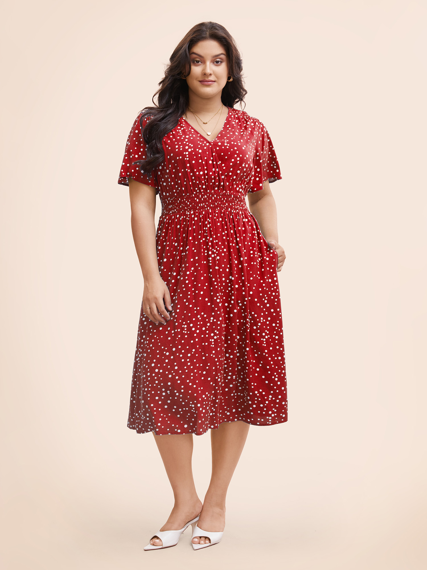 Plus Size Polka Dot Wrap Pocket Shirred Ruffle Sleeve Dress Raspberry Women Elegant Patchwork V-neck Short sleeve Curvy Midi Dress BloomChic 12/L 