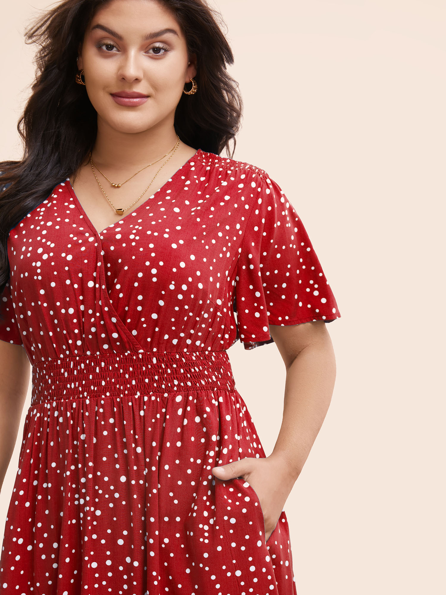 Plus Size Polka Dot Wrap Pocket Shirred Ruffle Sleeve Dress Raspberry Women Elegant Patchwork V-neck Short sleeve Curvy Midi Dress BloomChic 12/L 