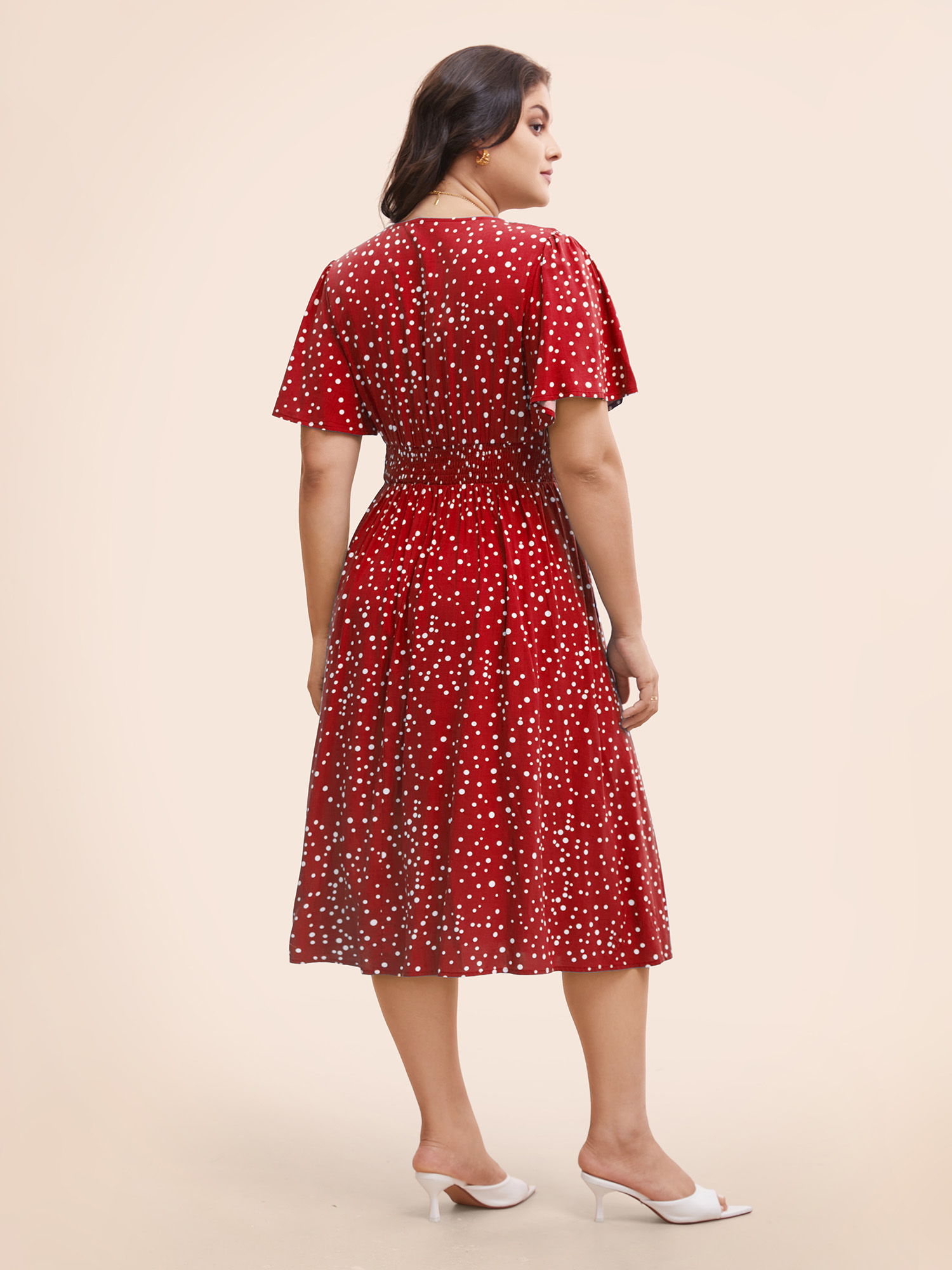 

Plus Size Polka Dot Wrap Pocket Shirred Ruffle Sleeve Dress Raspberry Women Elegant Patchwork V-neck Short sleeve Curvy Midi Dress BloomChic