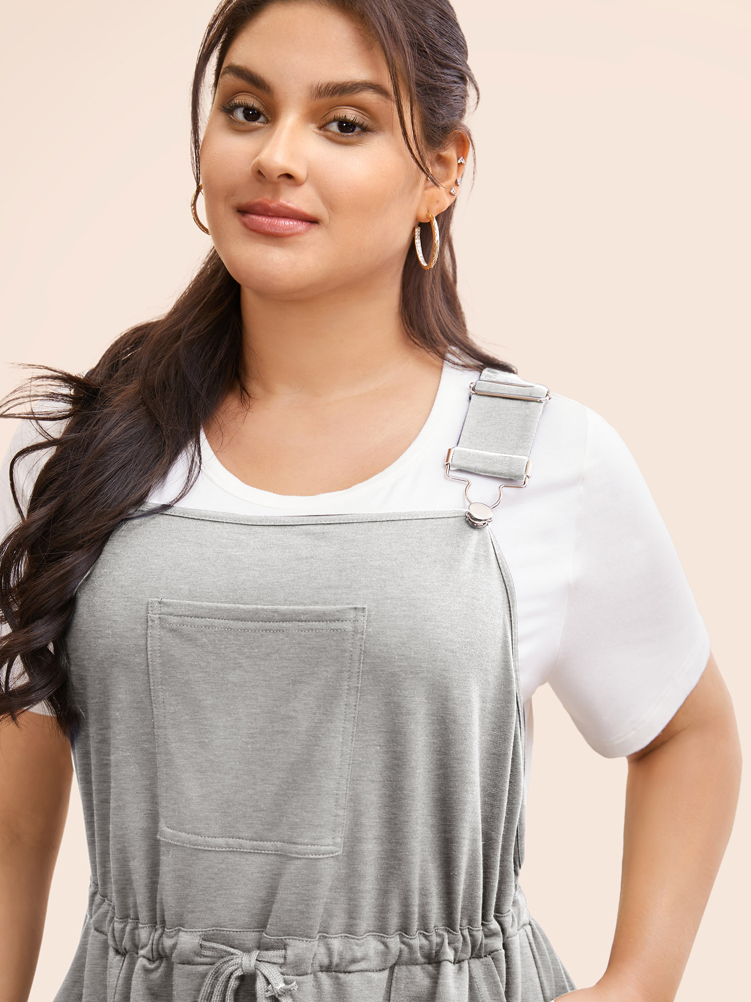 

Plus Size Plain Pocket Drawstring Overall Dress LightGray Women Casual Non Non Sleeveless Curvy BloomChic