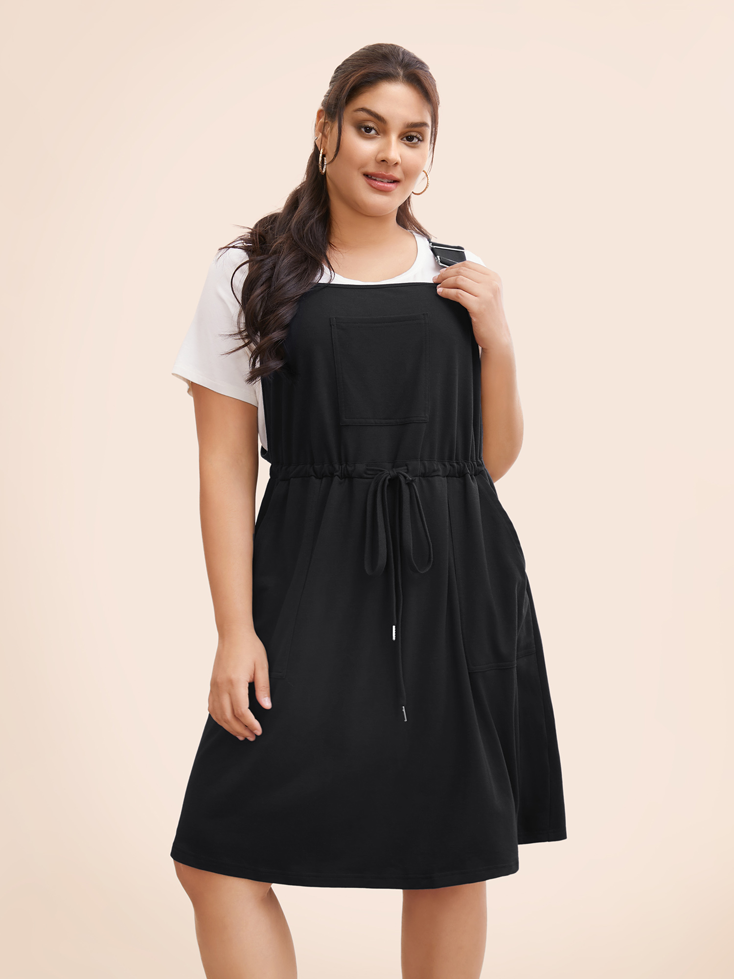 

Plus Size Plain Pocket Drawstring Overall Dress Black Women Casual Non Non Sleeveless Curvy BloomChic